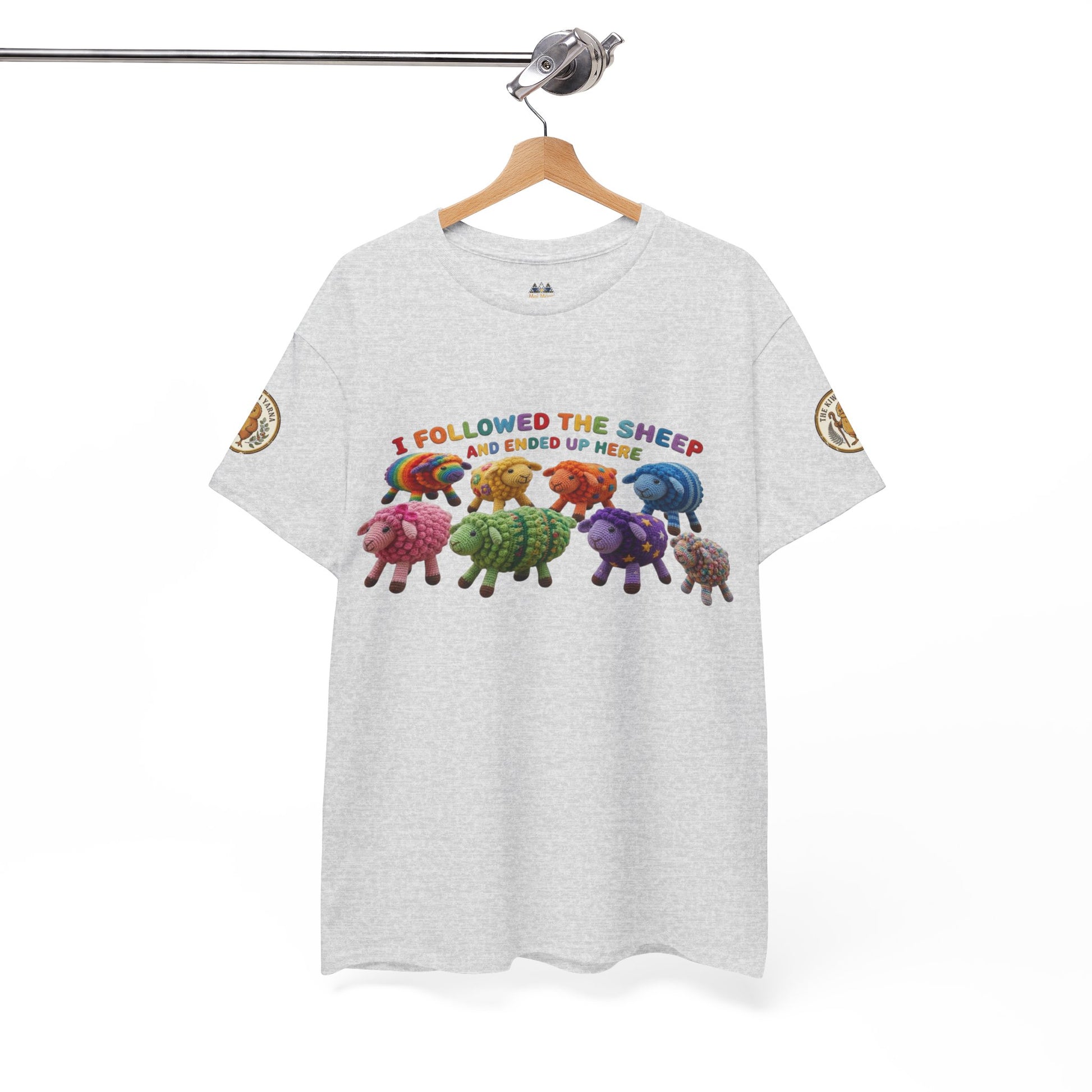 Heather gray crewneck graphic T-shirt on hanger with colorful sheep illustration