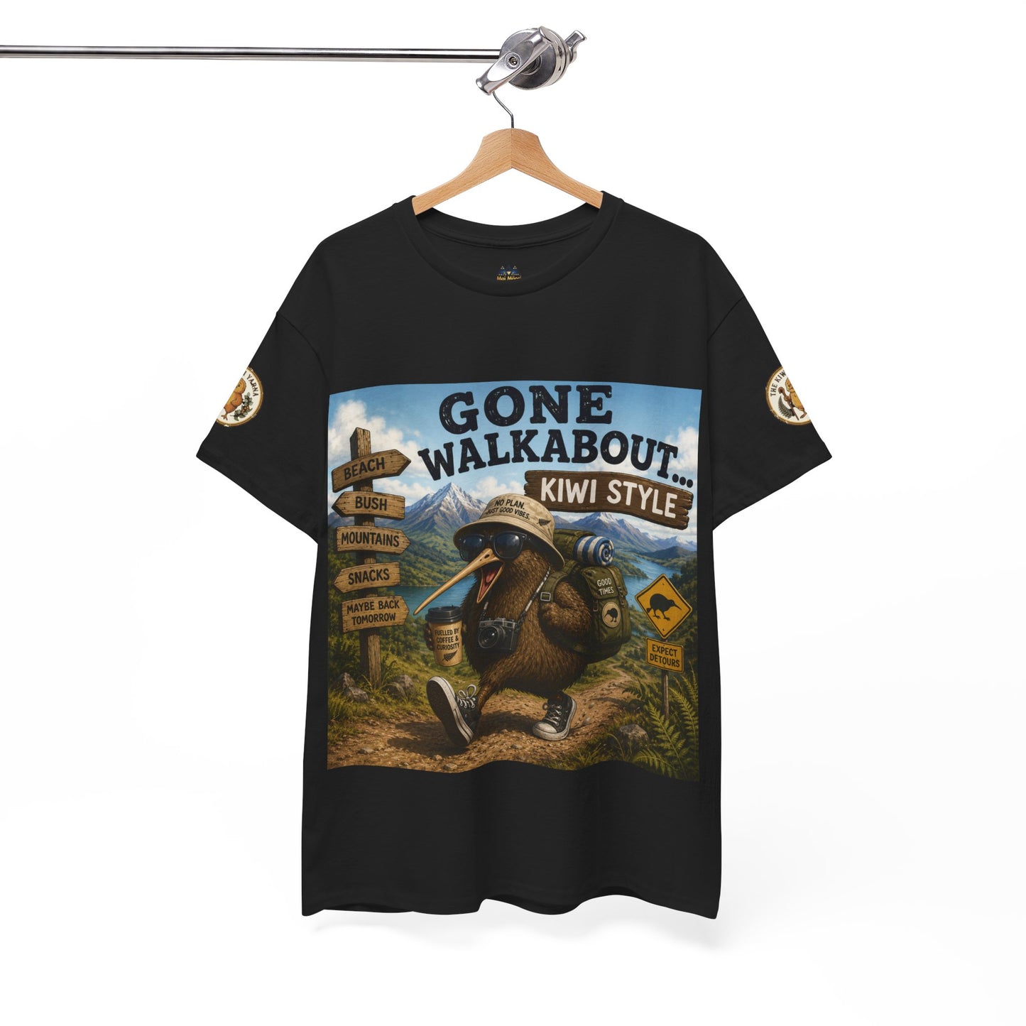 Black graphic T-shirt on hanger with full front Gone Walkabout Kiwi Style print
