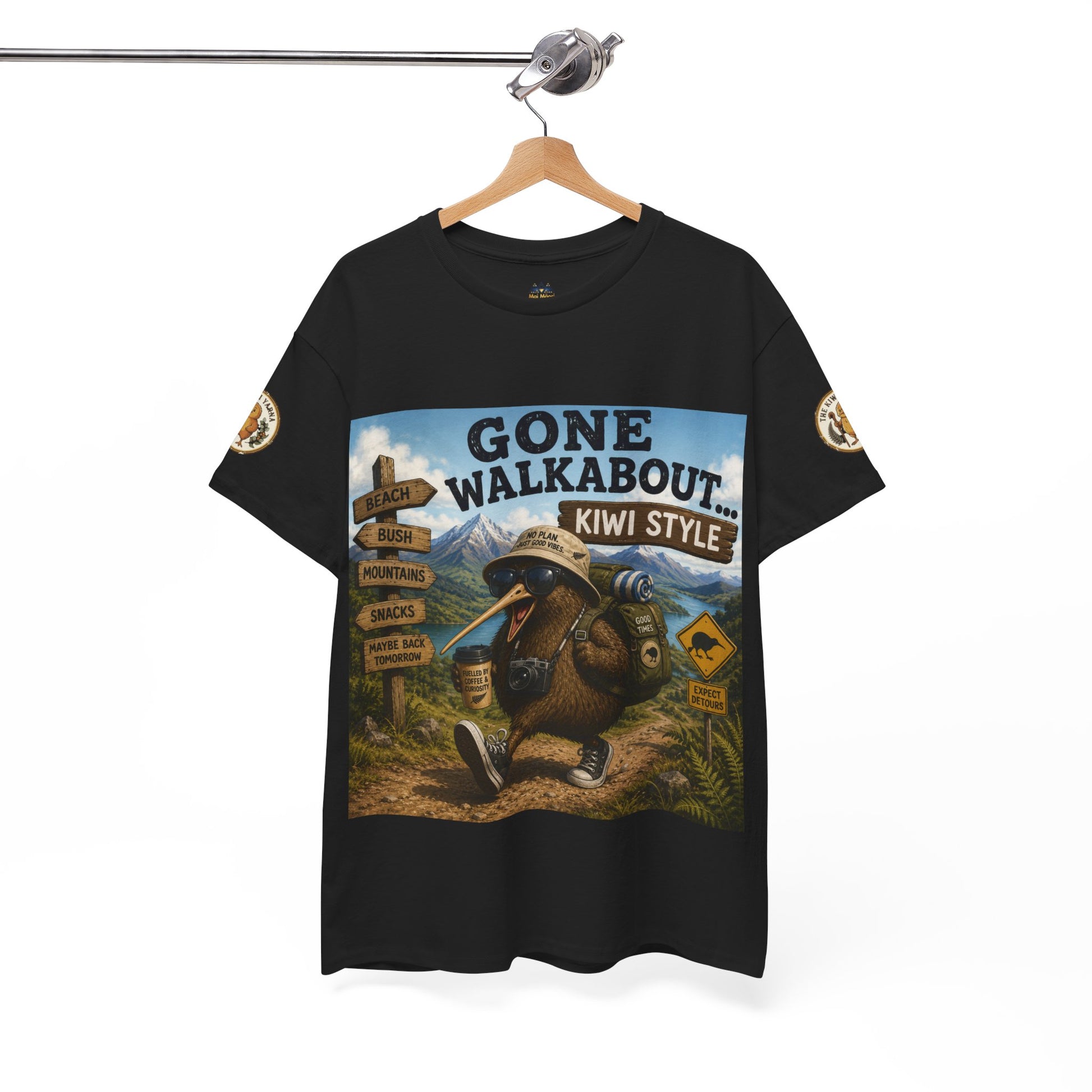 Black graphic T-shirt on hanger with full front Gone Walkabout Kiwi Style print