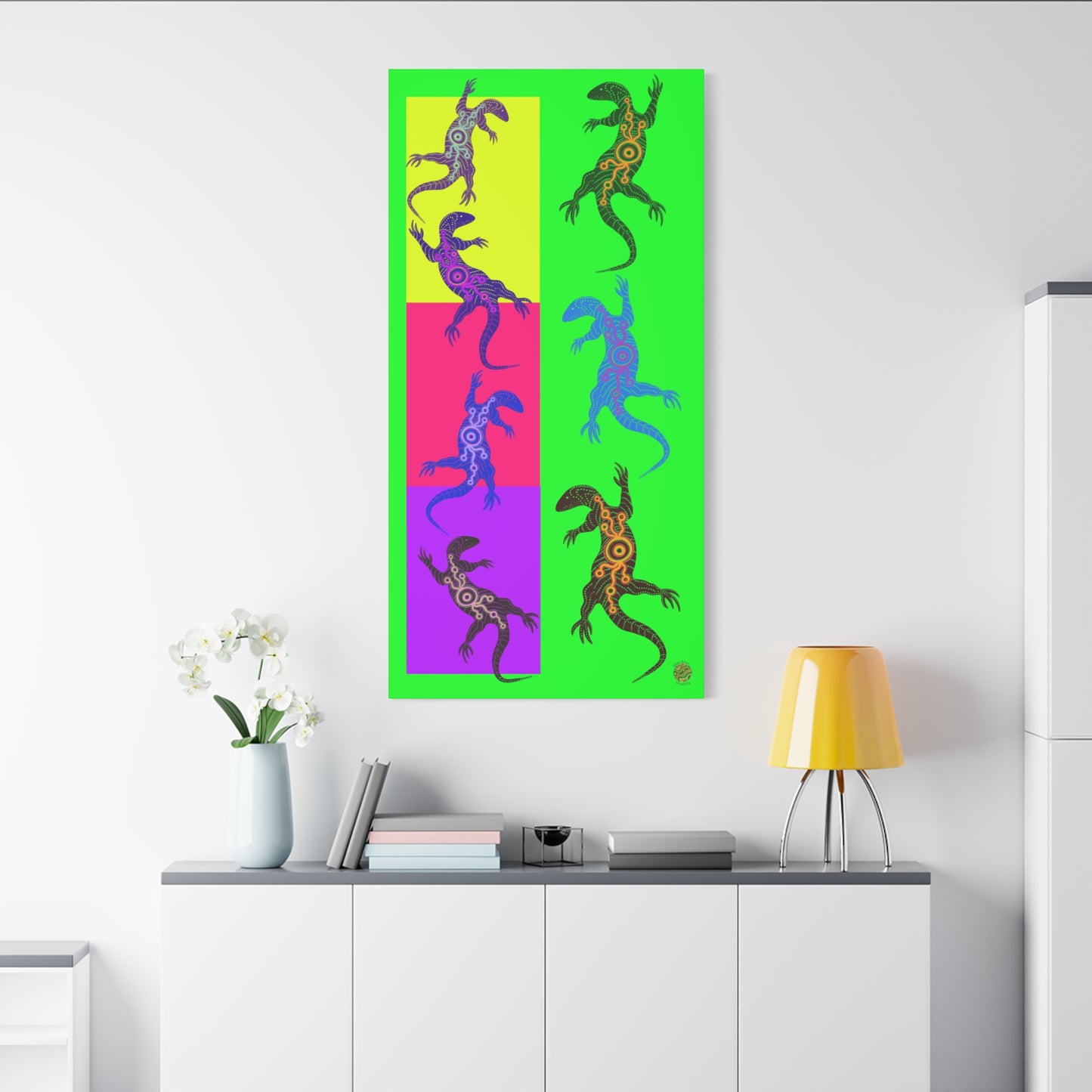 Vertical wall art print with purple and teal lizard silhouettes on bright green