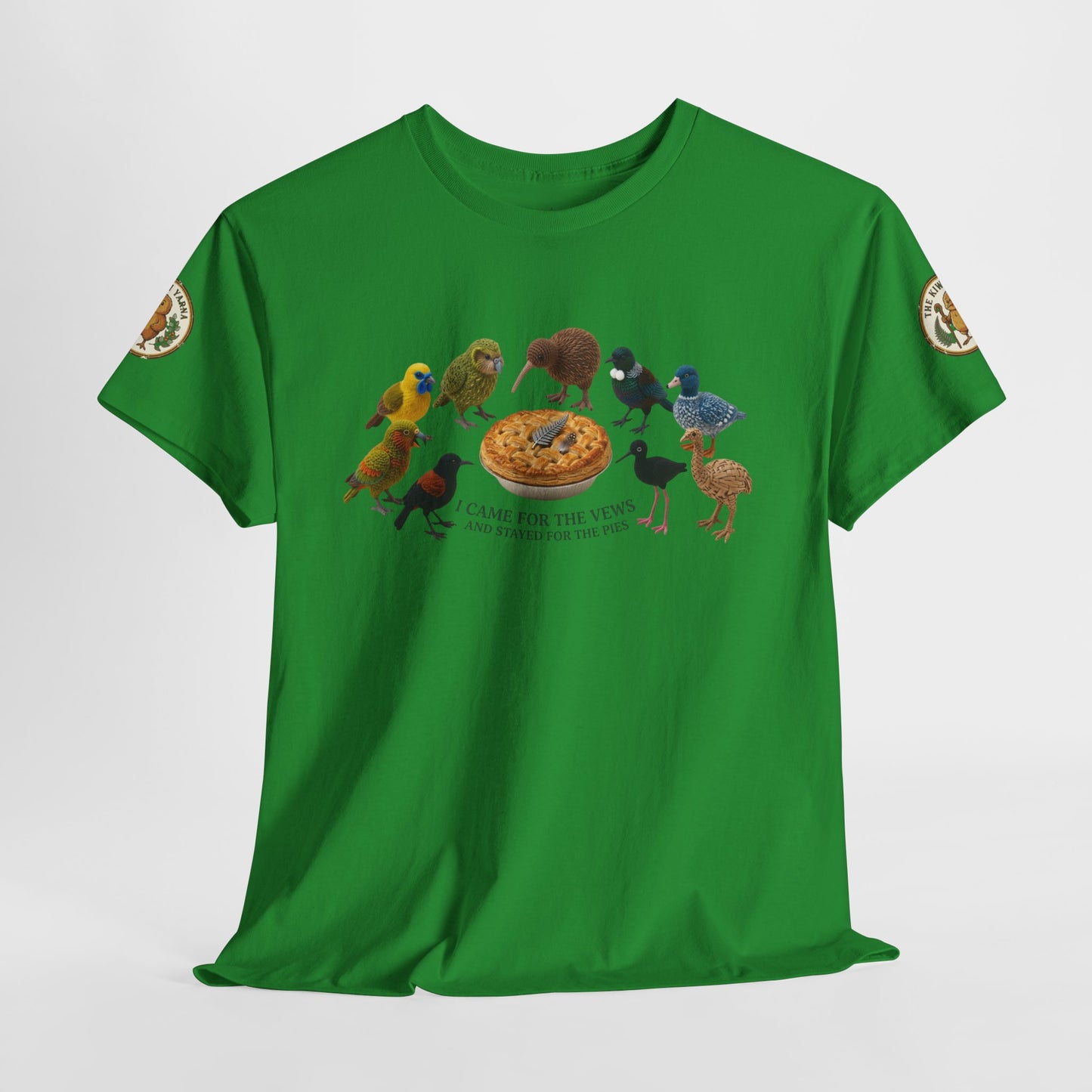 Green graphic T-shirt with bird-and-pizza print centered on chest