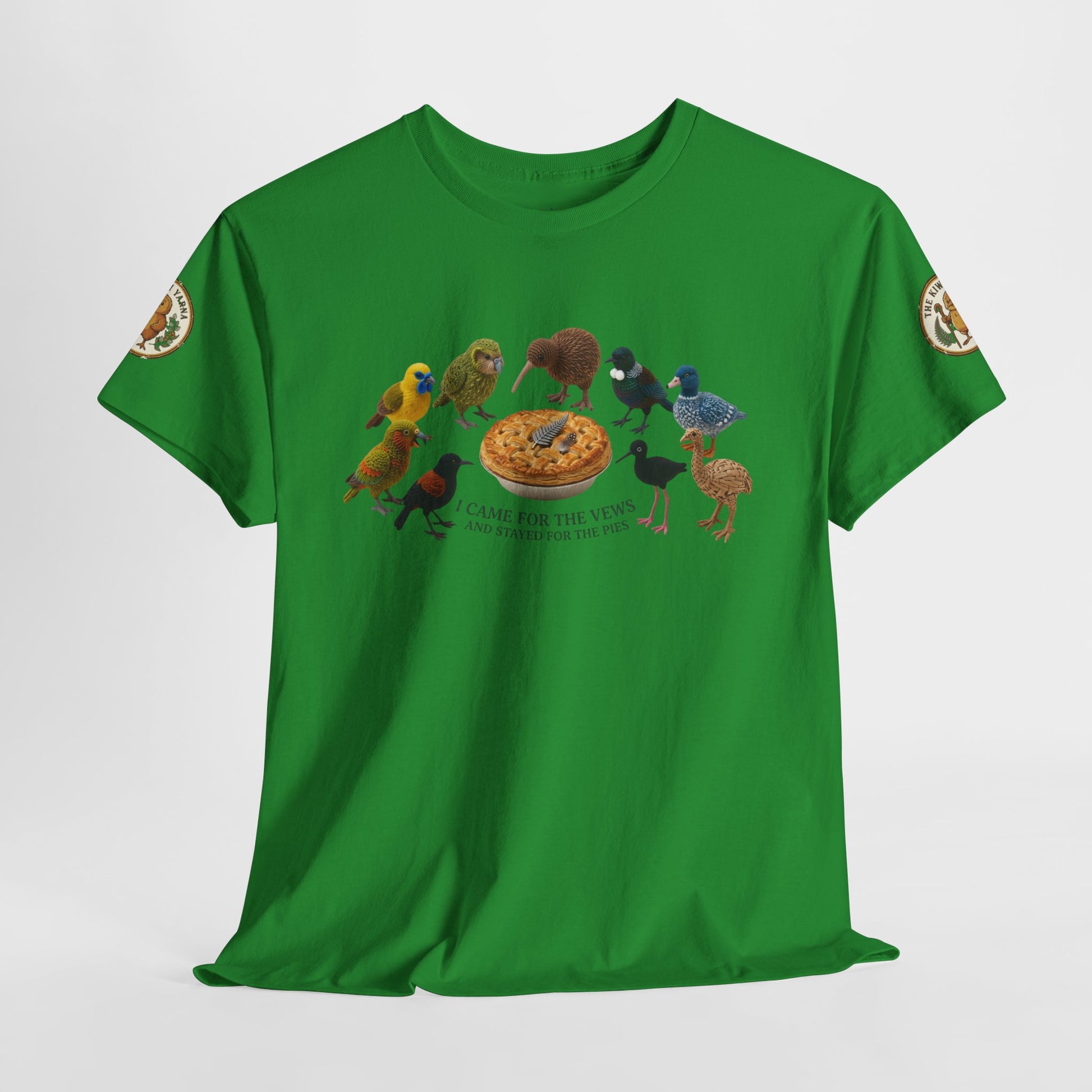 Green graphic T-shirt with bird-and-pizza print centered on chest