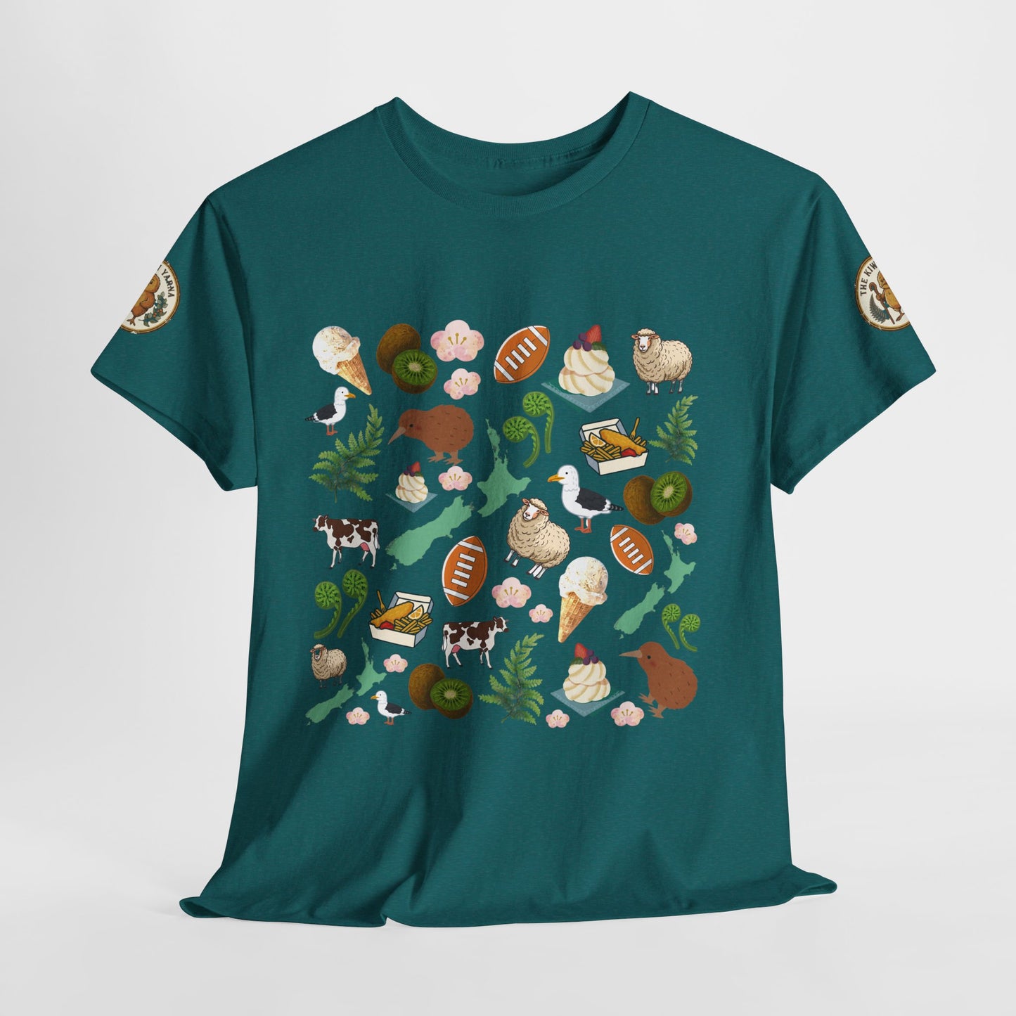Teal graphic T-shirt with colorful wildlife and plant collage print on front