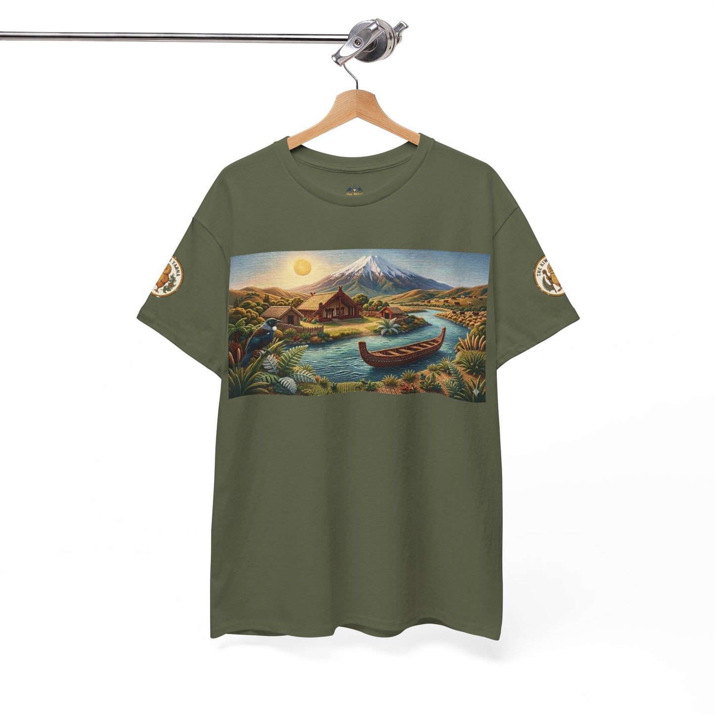 Olive green graphic T-shirt on hanger with rectangular landscape print and sleeve patches