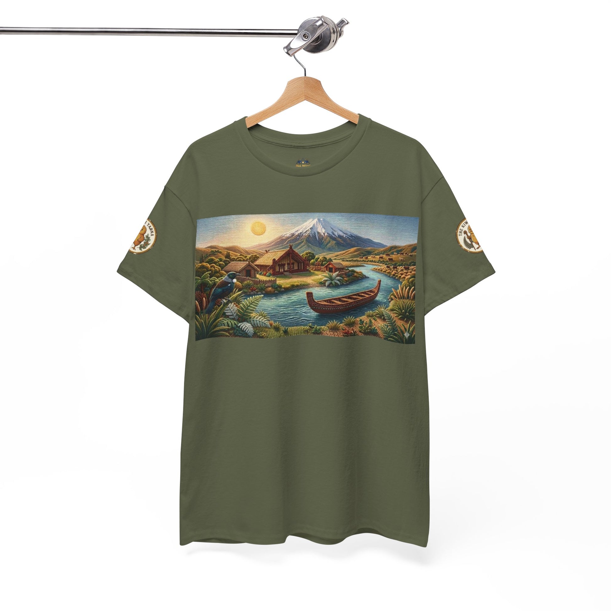 Olive green graphic T-shirt on hanger with rectangular landscape print and sleeve patches
