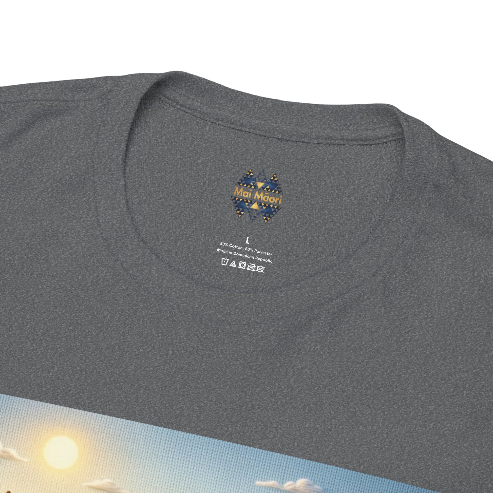 Dark heather gray T-shirt back with small 'Mai Moa' logo at crew neck