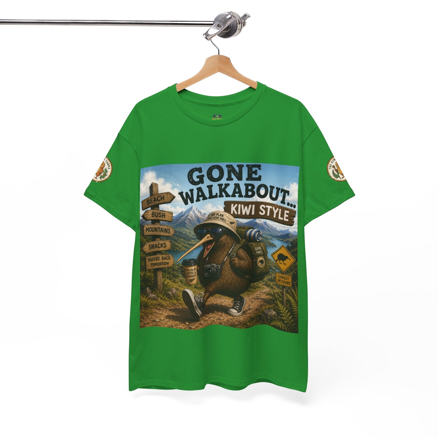 Green crew-neck T-shirt with kiwi adventure graphic and circular sleeve patches