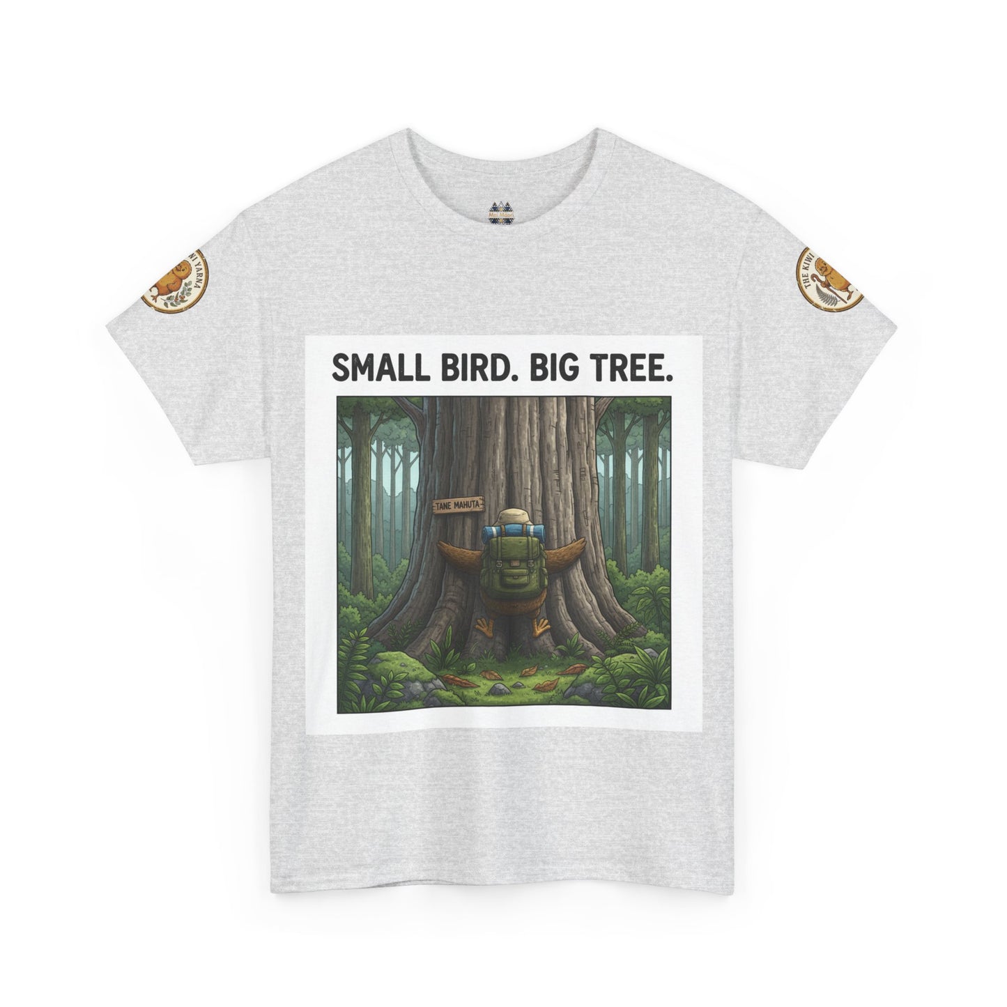 Heather gray graphic T-shirt with forest scene print, round neck, short sleeves