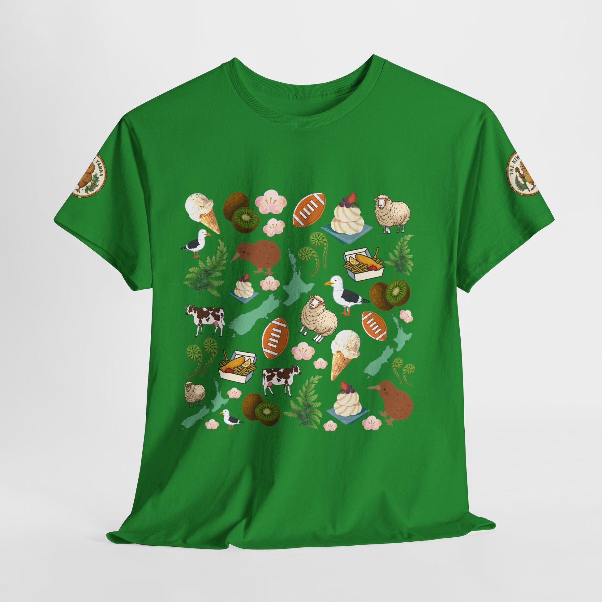 Green crewneck T-shirt with full Kiwiana-themed pattern and small sleeve badges (front)