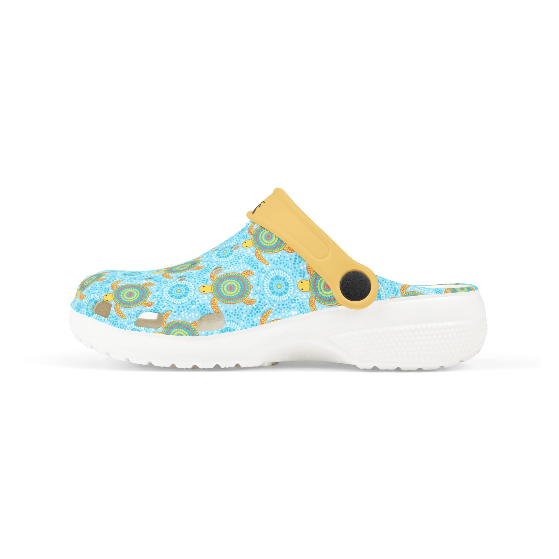 Light blue turtle-pattern slide clog shoe with yellow strap and white cushioned sole