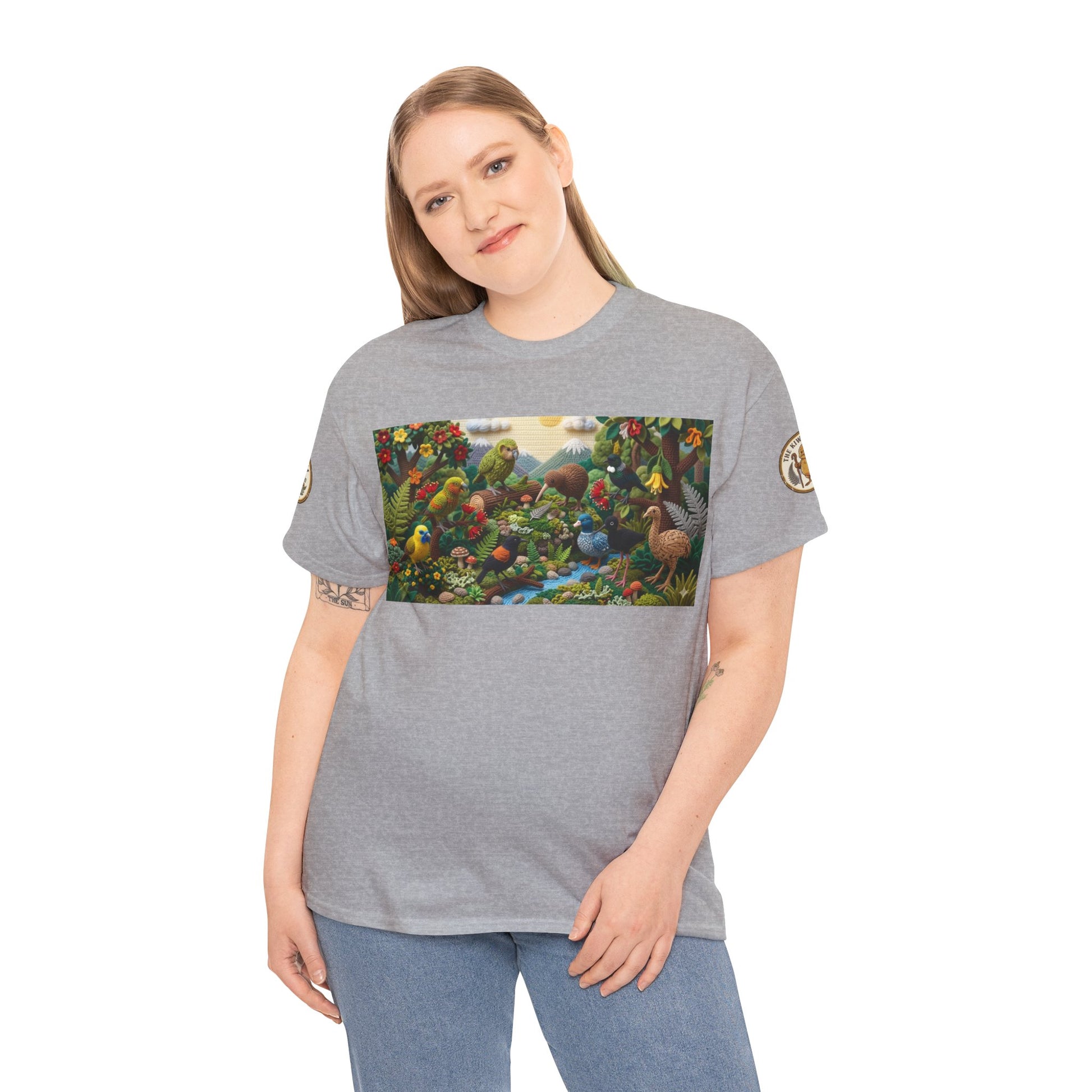 Heather gray graphic T-shirt with crew neck and colorful bird scene panel