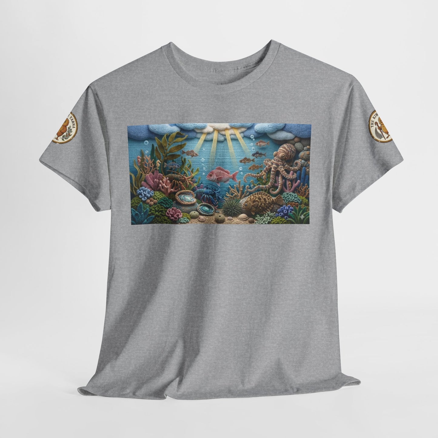 Under the Sea graphic T-shirt, heather gray with ocean scene panel print and sleeve patches