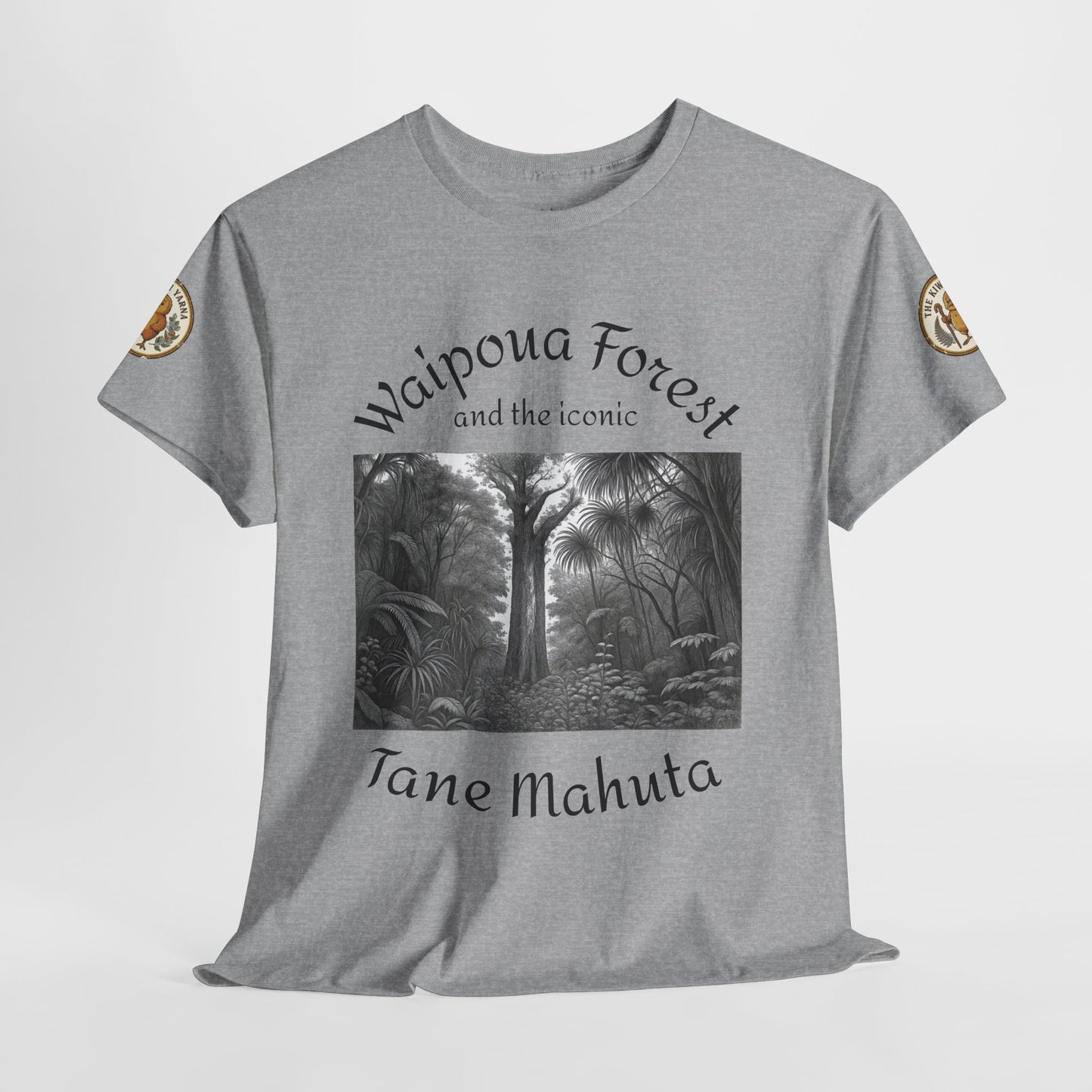 Heather gray graphic t-shirt with front forest artwork and sleeve badge patches