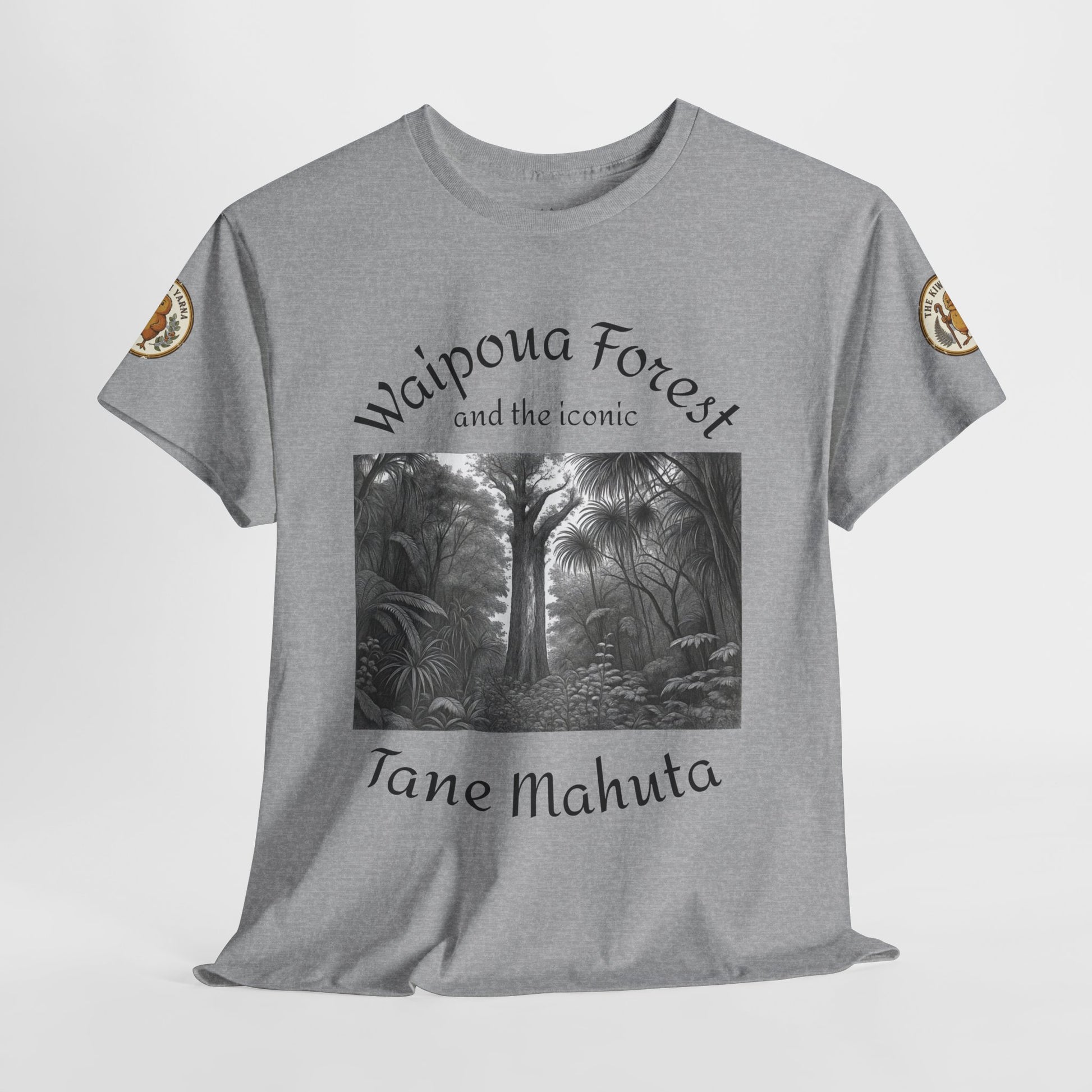 Heather gray graphic t-shirt with front forest artwork and sleeve badge patches
