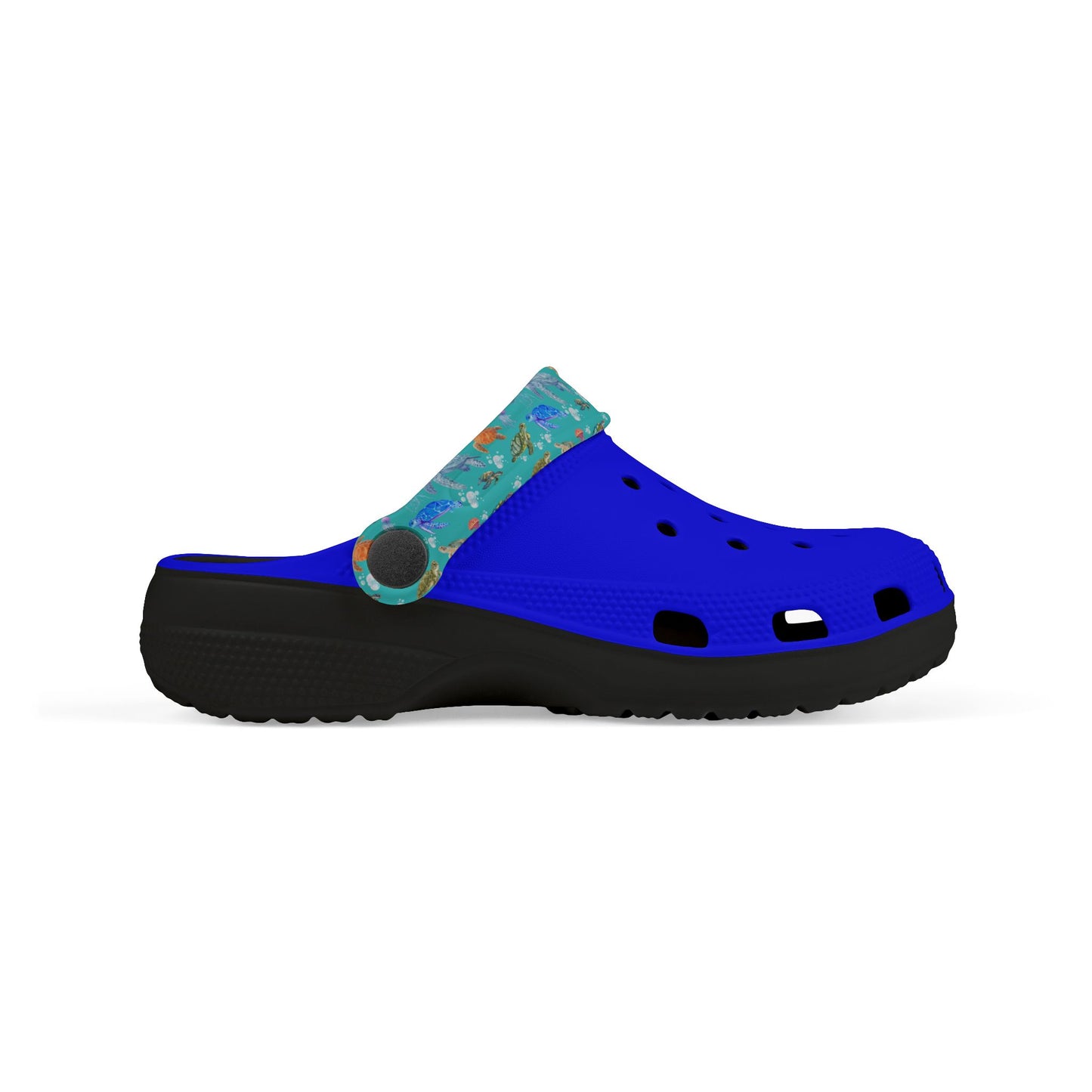Kids' slip-on clogs, blue upper with teal sea-animal pattern, black sole, holes.