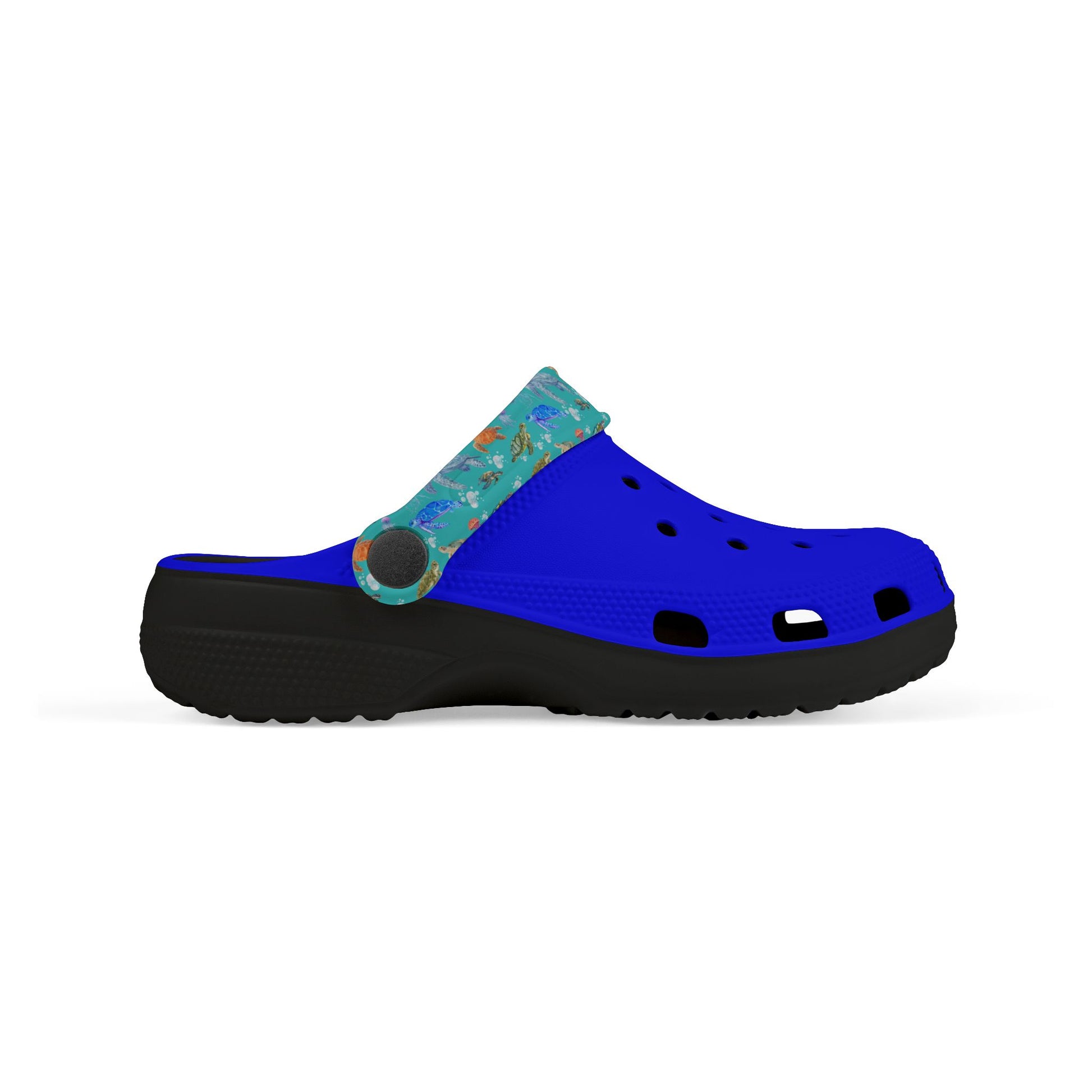 Kids' slip-on clogs, blue upper with teal sea-animal pattern, black sole, holes.