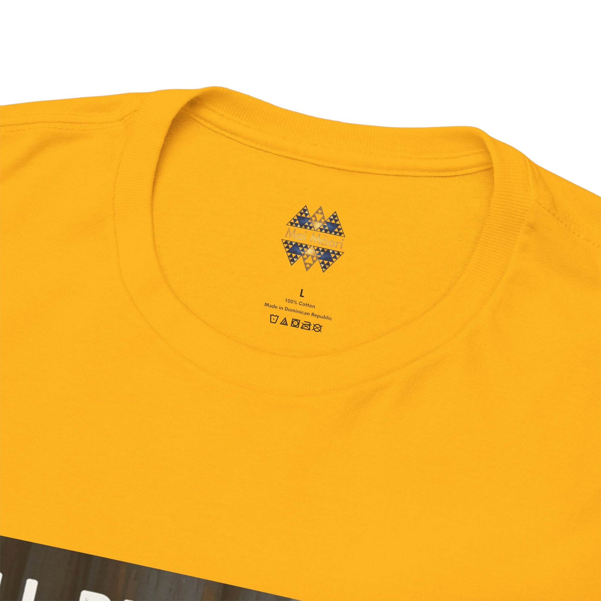 Bright yellow crew-neck t-shirt close-up showing back neck logo print
