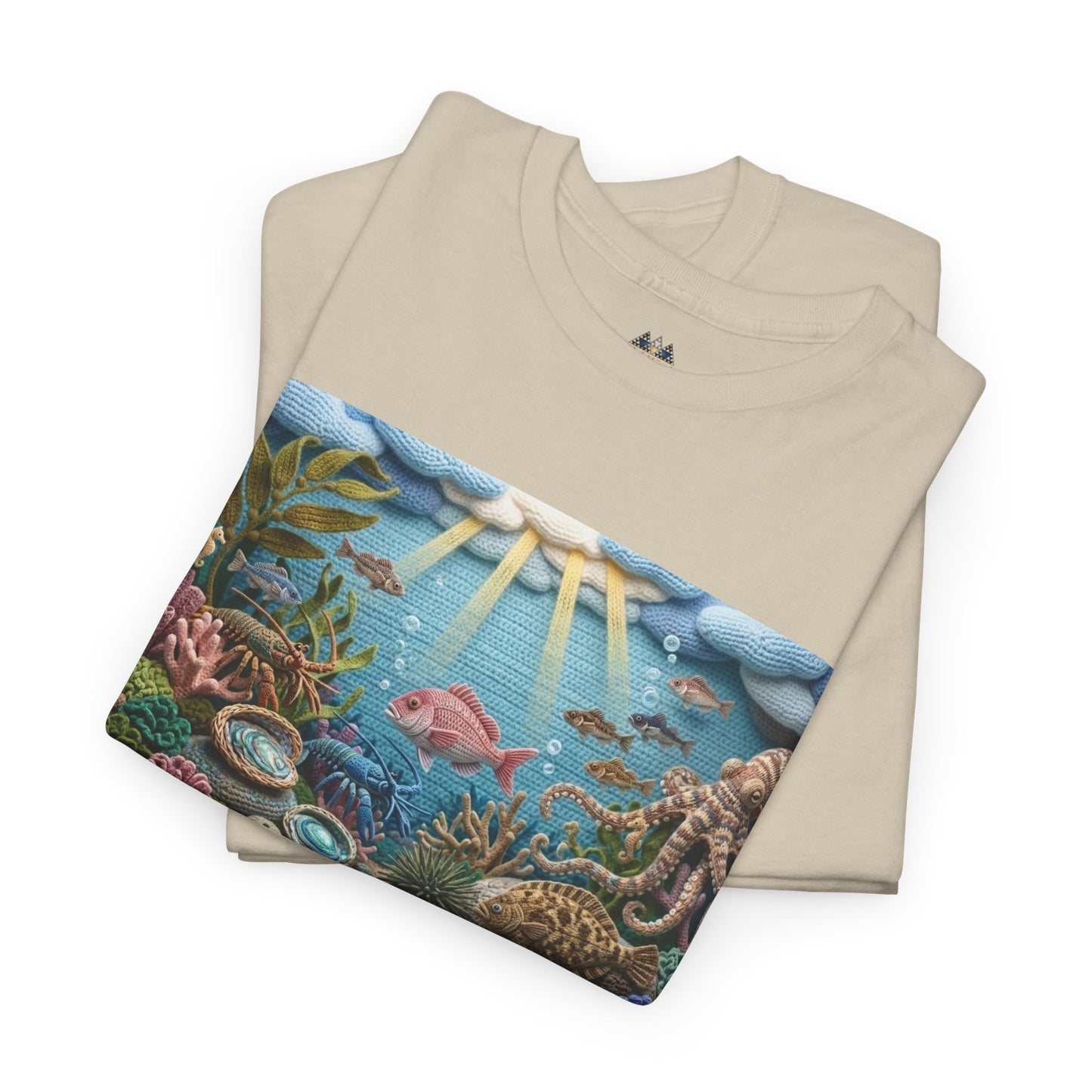 Under the sea graphic T-shirt flat lay, light beige with ocean scene front print