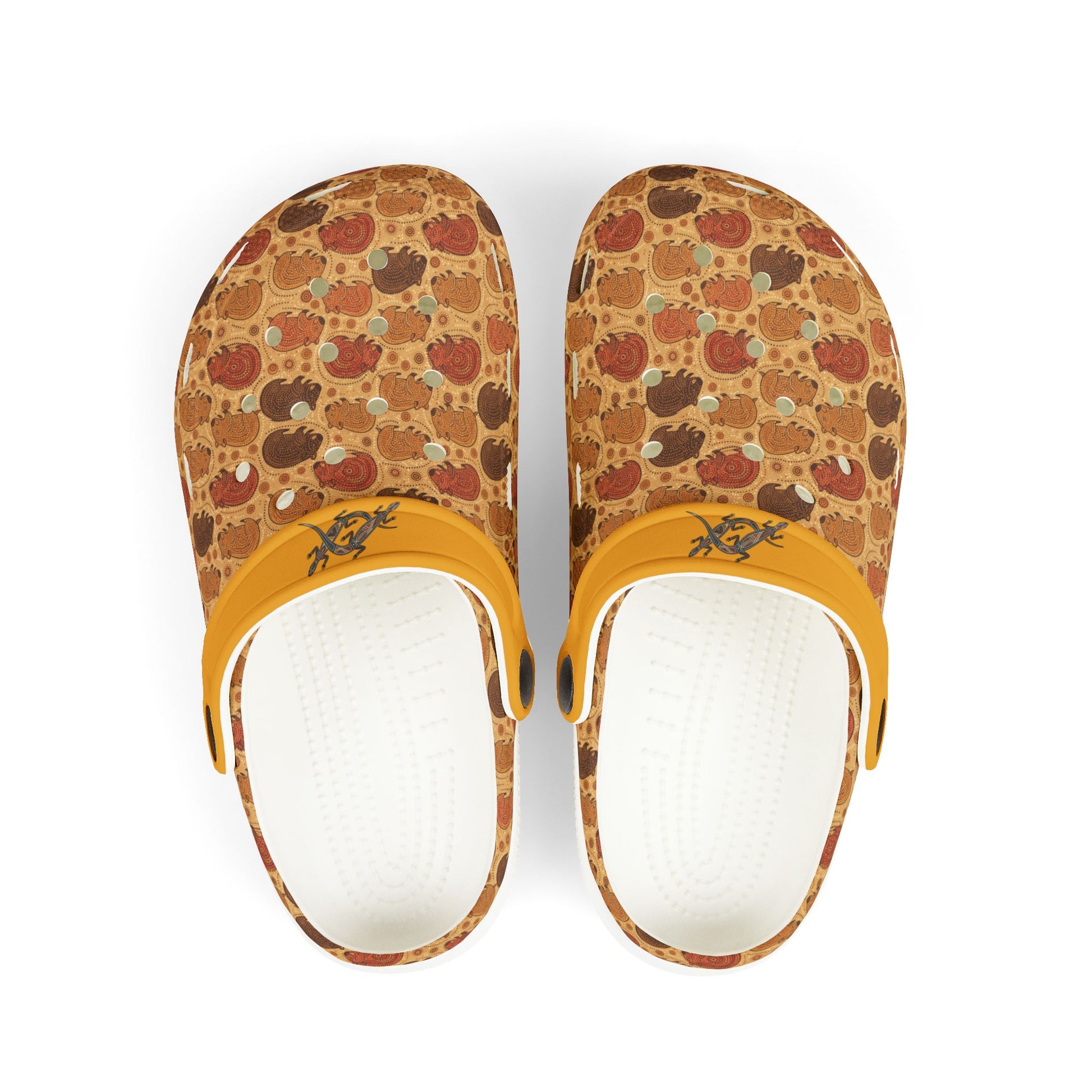 Patterned clog shoes with yellow strap and white insole, front view.