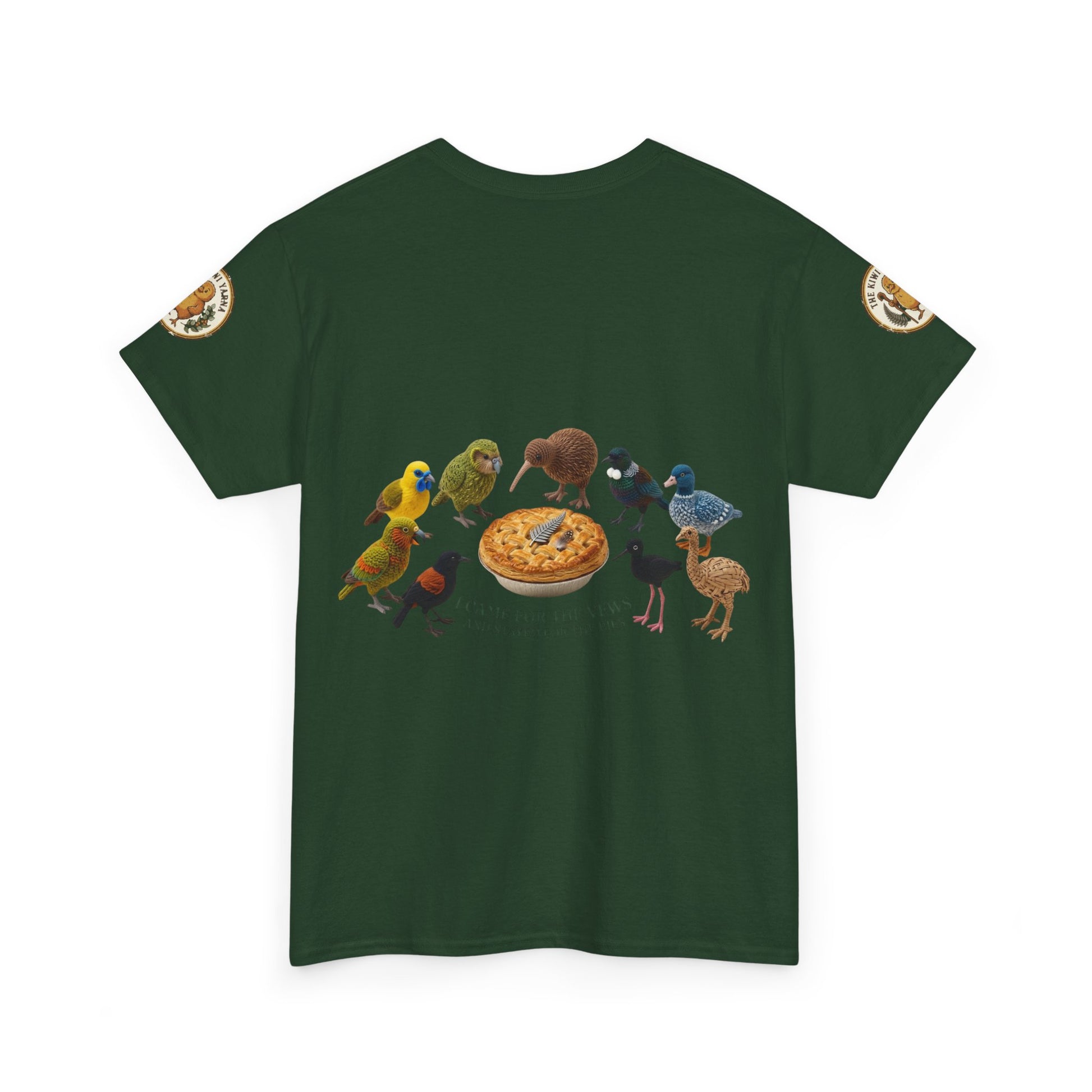 Dark green youth T-shirt with colorful birds and pie illustration in center