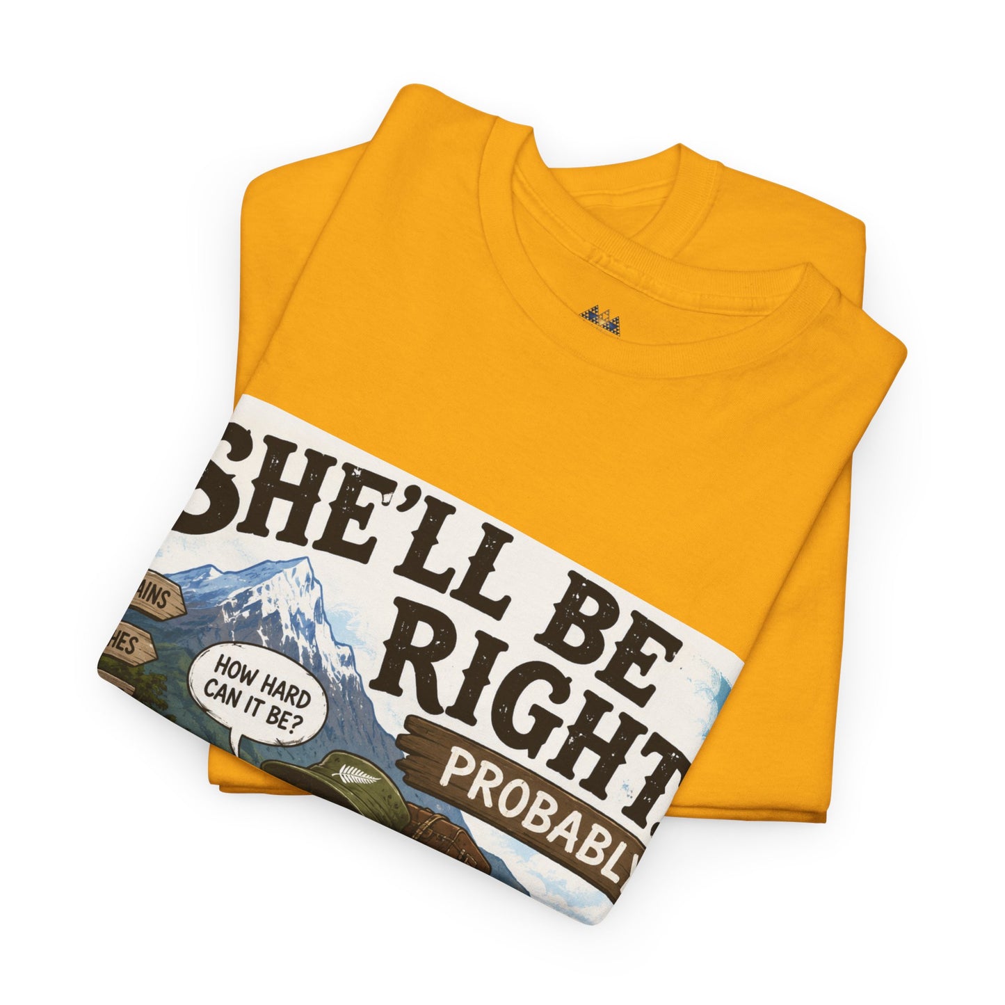 Mustard yellow graphic T-shirt with front slogan and landscape print