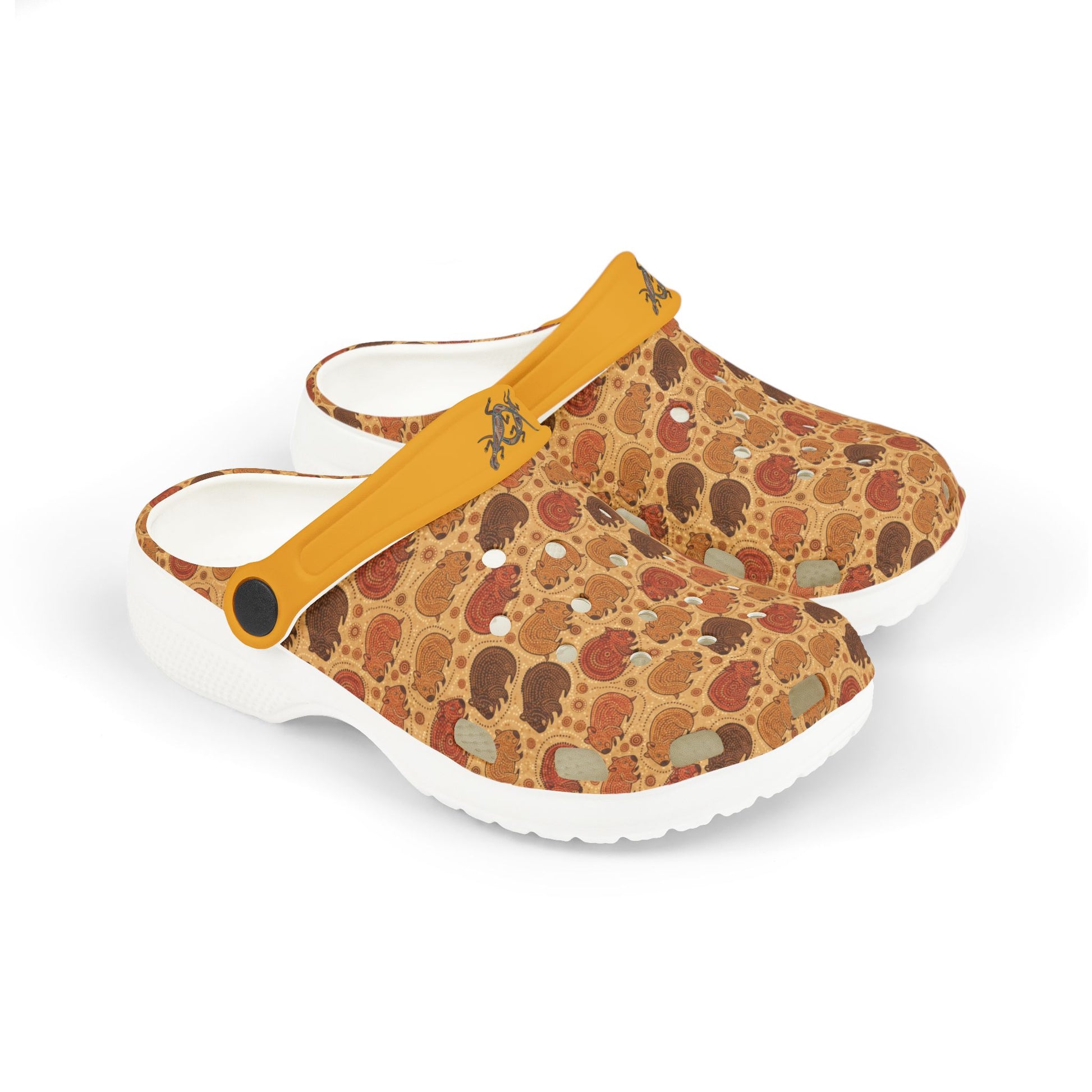 Patterned clog with yellow strap and white sole, angled side view.