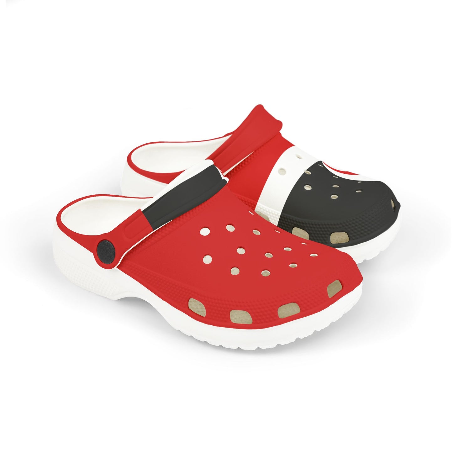 Red and black clog set with white straps, side ventilation holes, and chunky sole