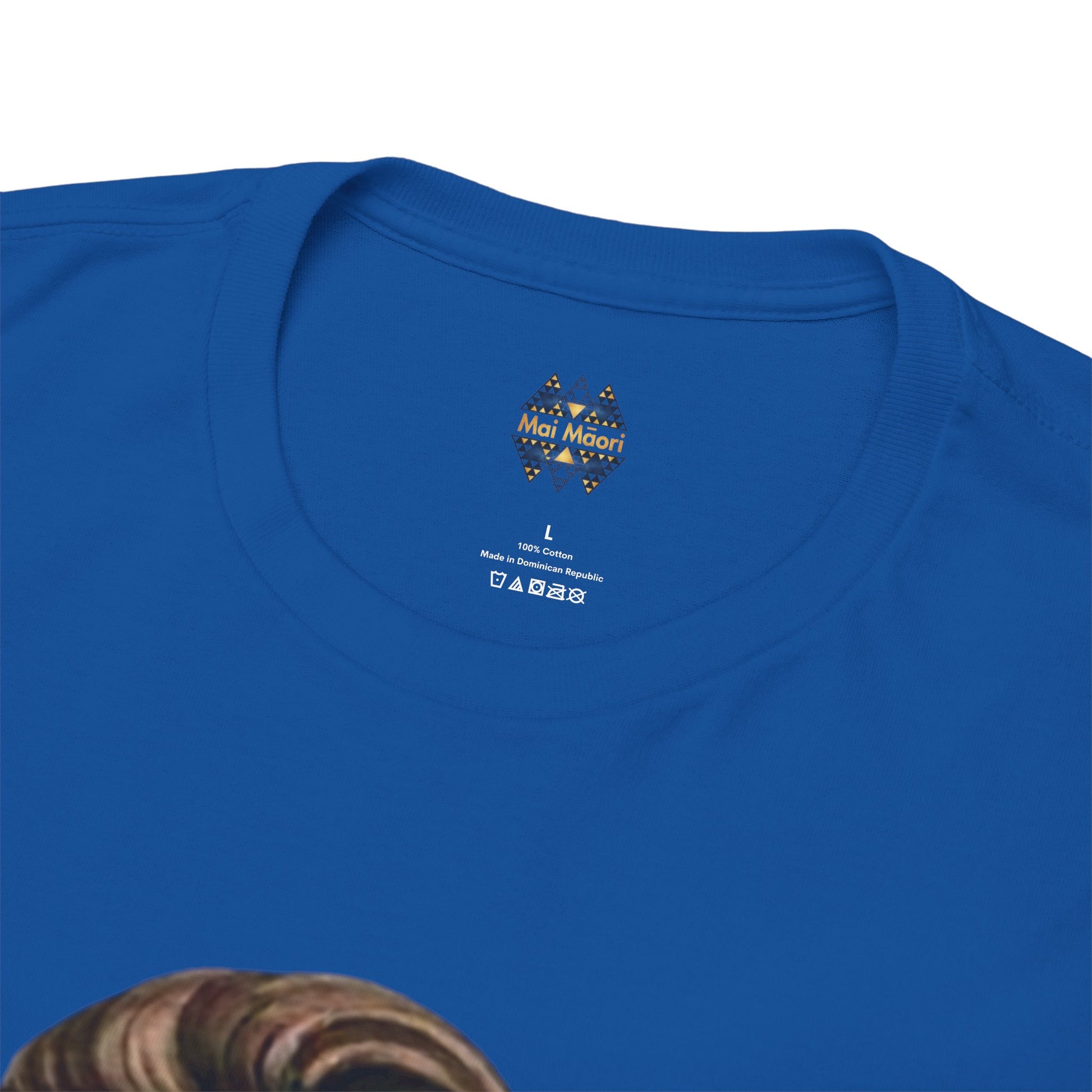 Royal blue T-shirt with small chest logo on the back neckline.