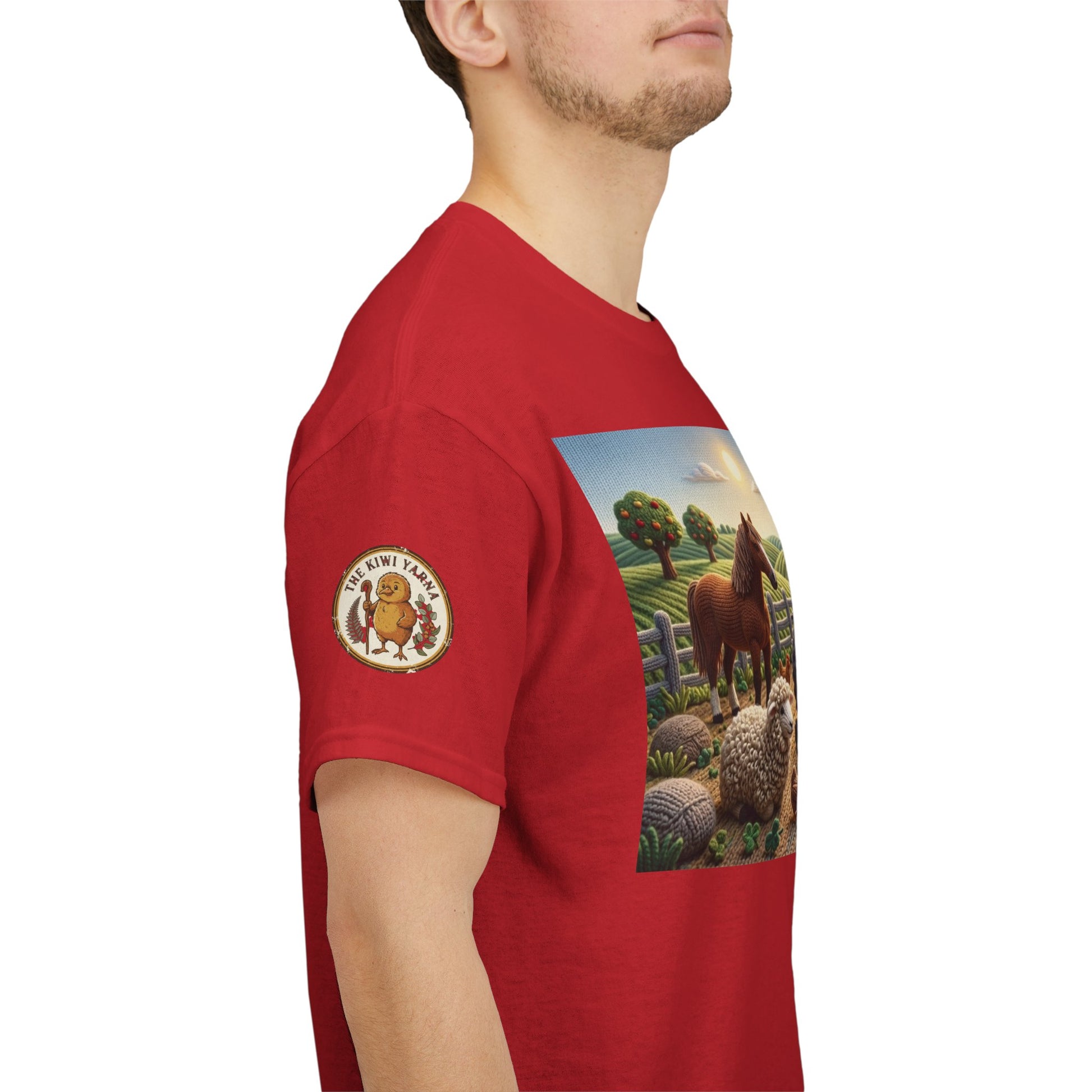 Red crewneck T-shirt with side farm graphic panel and circular chest logo patch