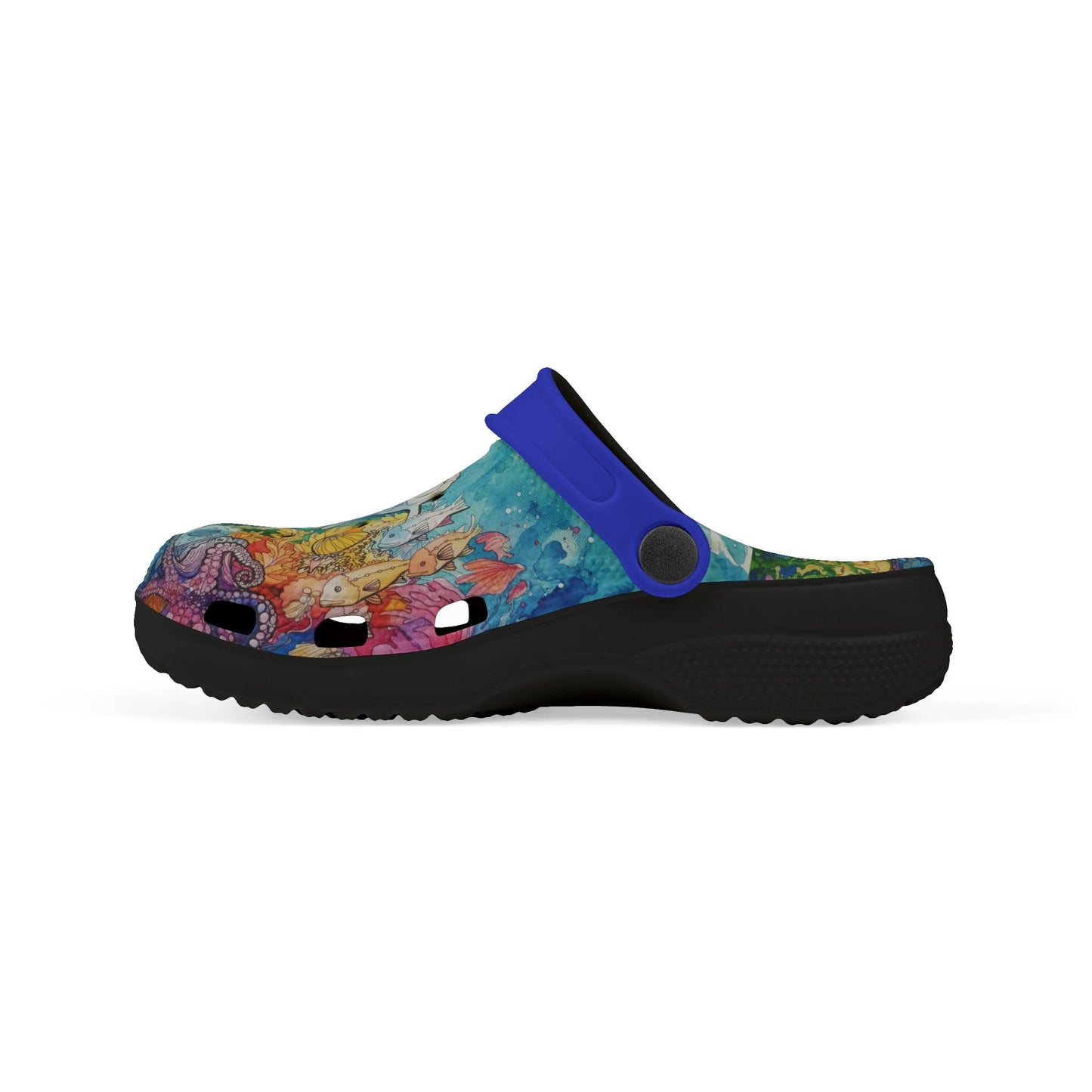 Kids casual clog shoes with multicolor ocean print upper, black sole, blue strap