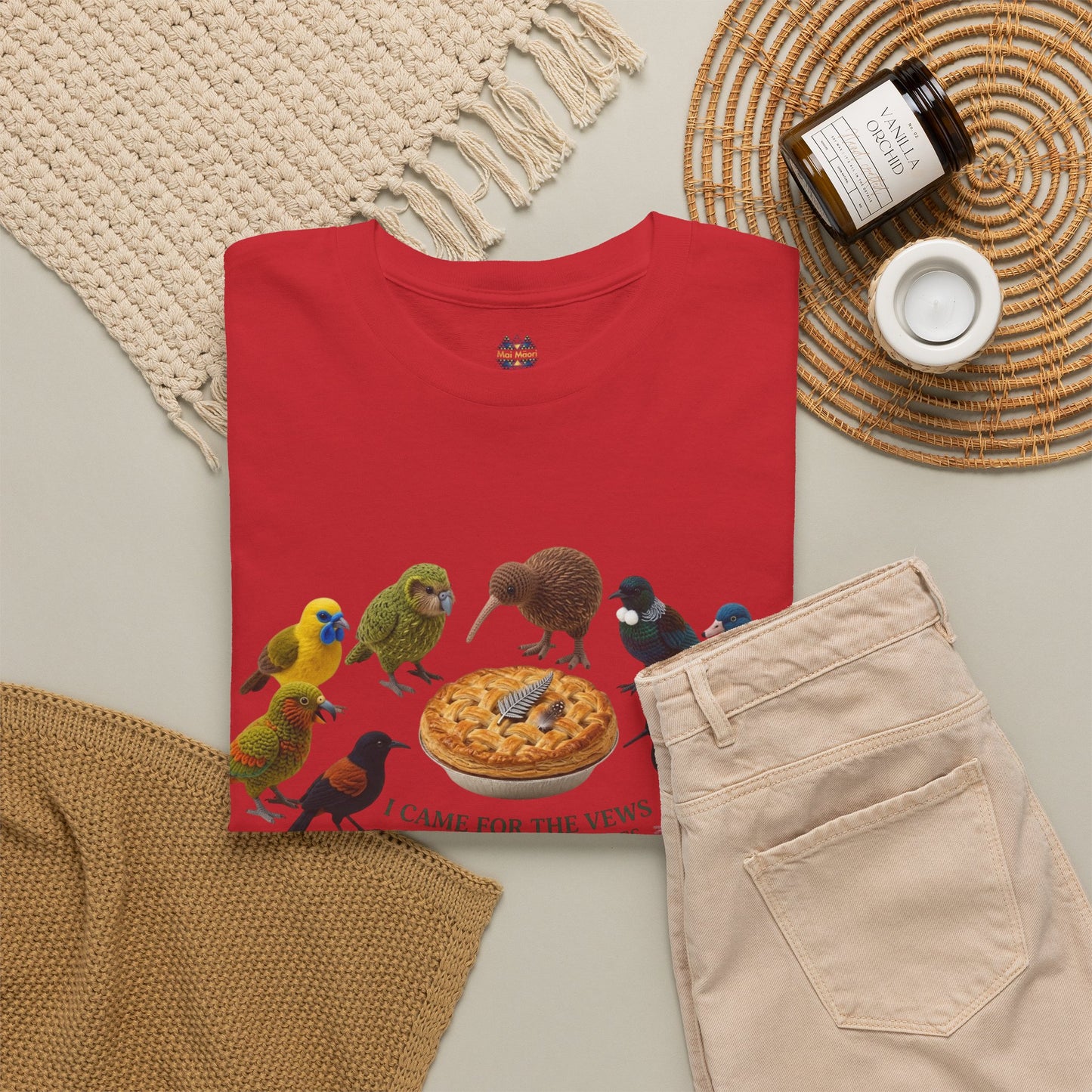 Red T-shirt with bird-and-pizza graphic, short sleeves, round neckline