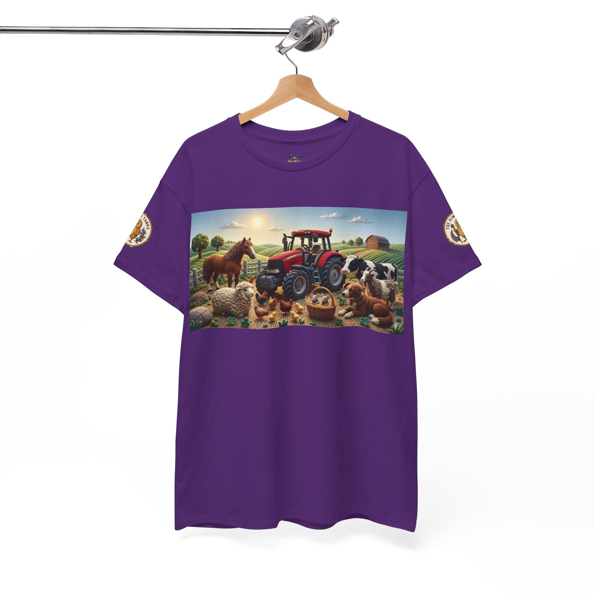 Purple farm graphic T-shirt with tractor and animals panel; gold logo on sleeves