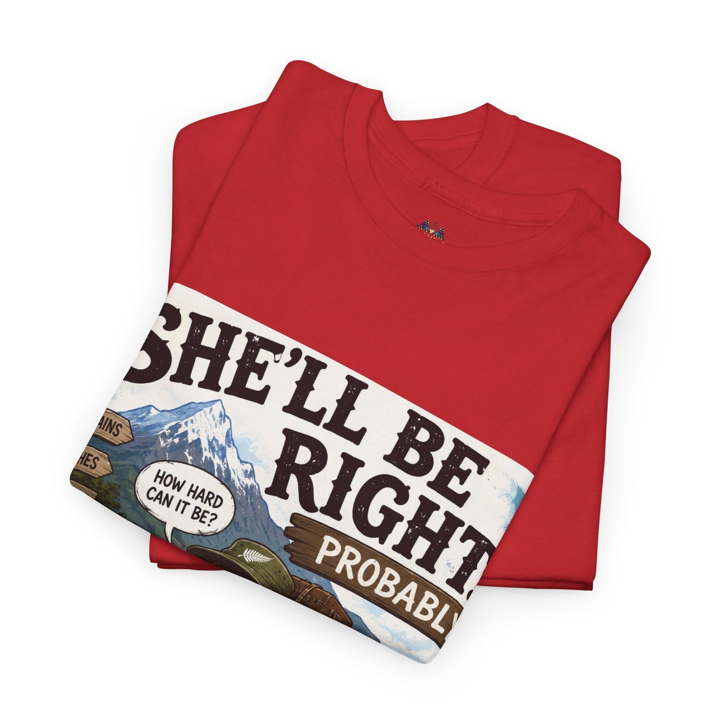 Red graphic T-shirt folded with large front quote print and vintage car scene