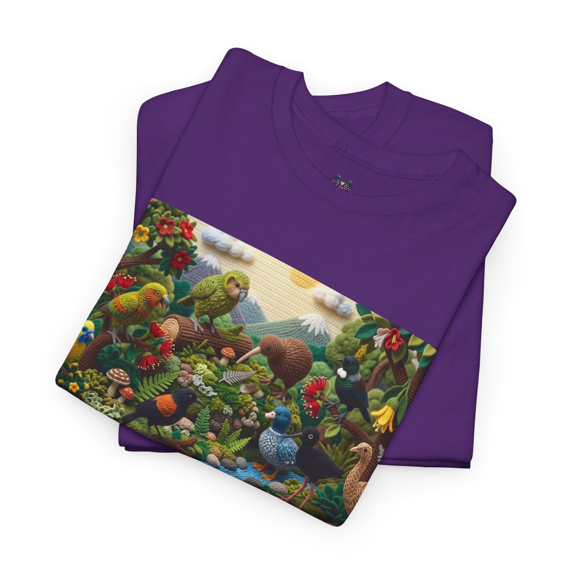 Purple T-shirt with scenic birds and flowers graphic panel on the front