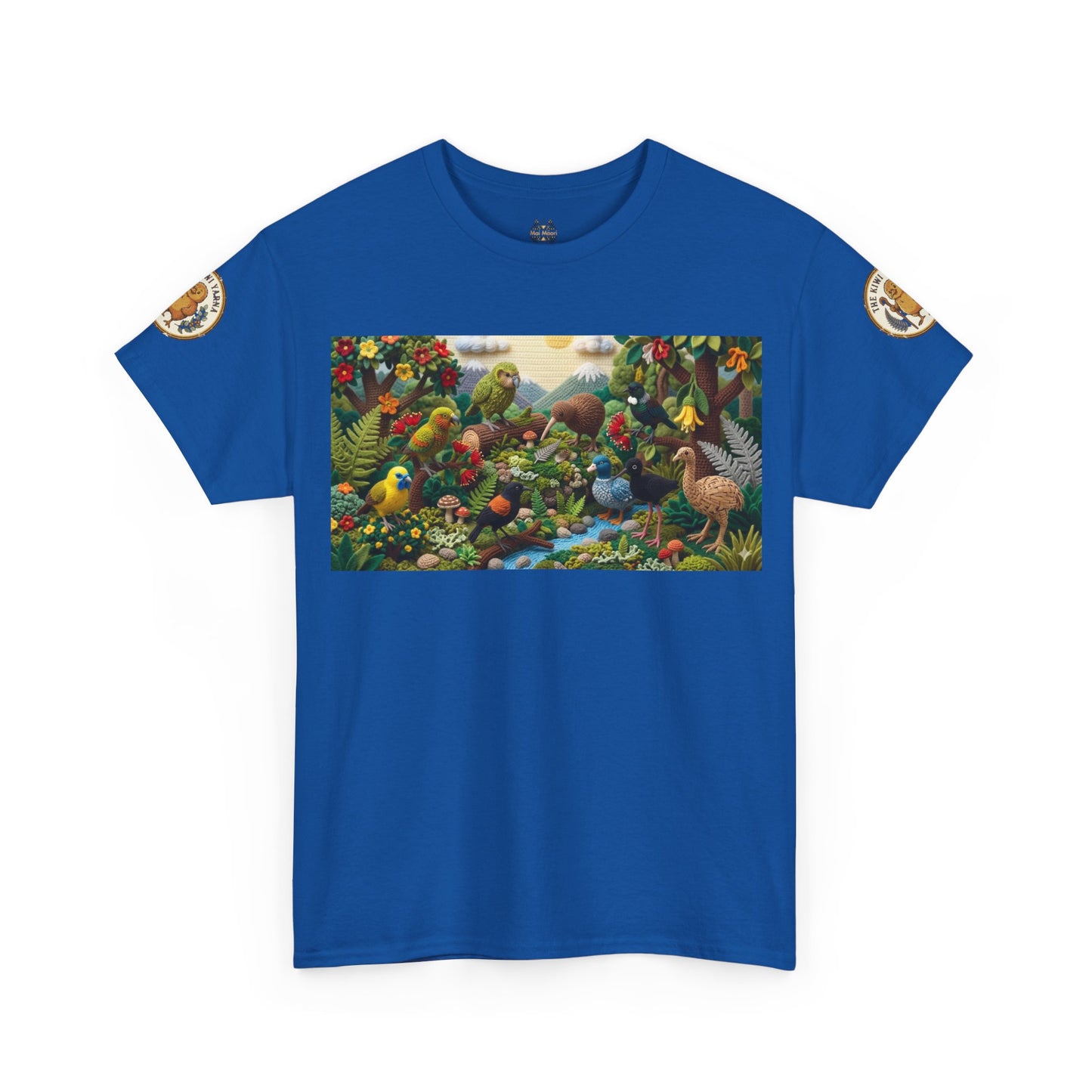 Royal blue graphic T-shirt with birds-and-flowers rectangular front print and small sleeve badges
