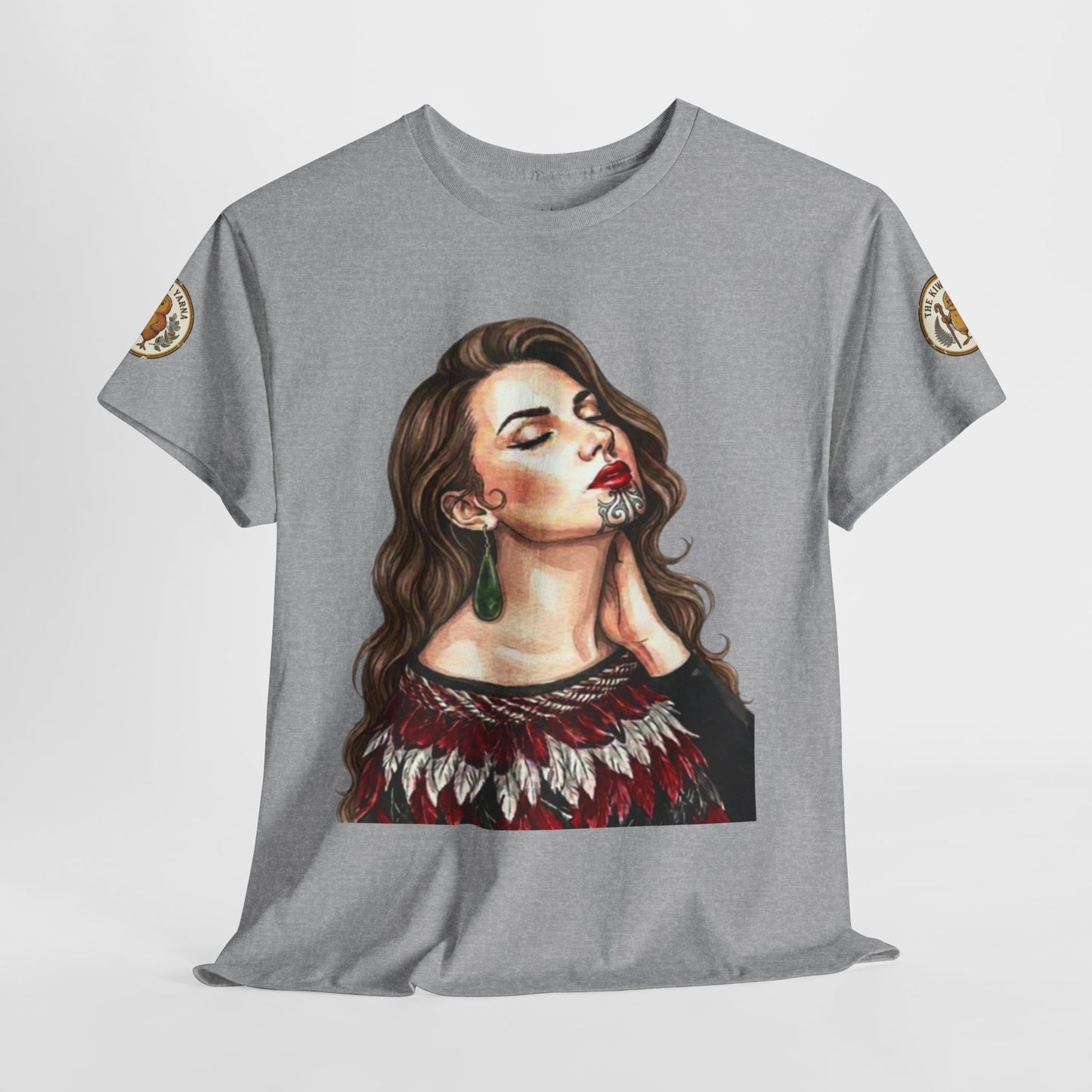 Heather gray crew-neck t-shirt with woman portrait graphic and sleeve badges.