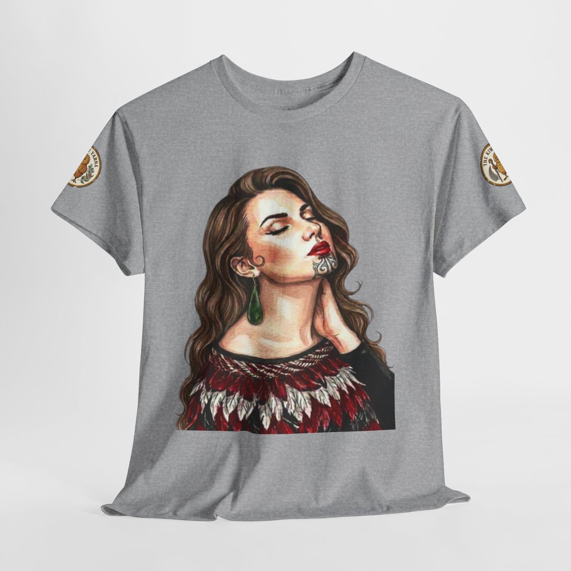 Heather gray crew-neck t-shirt with woman portrait graphic and sleeve badges.