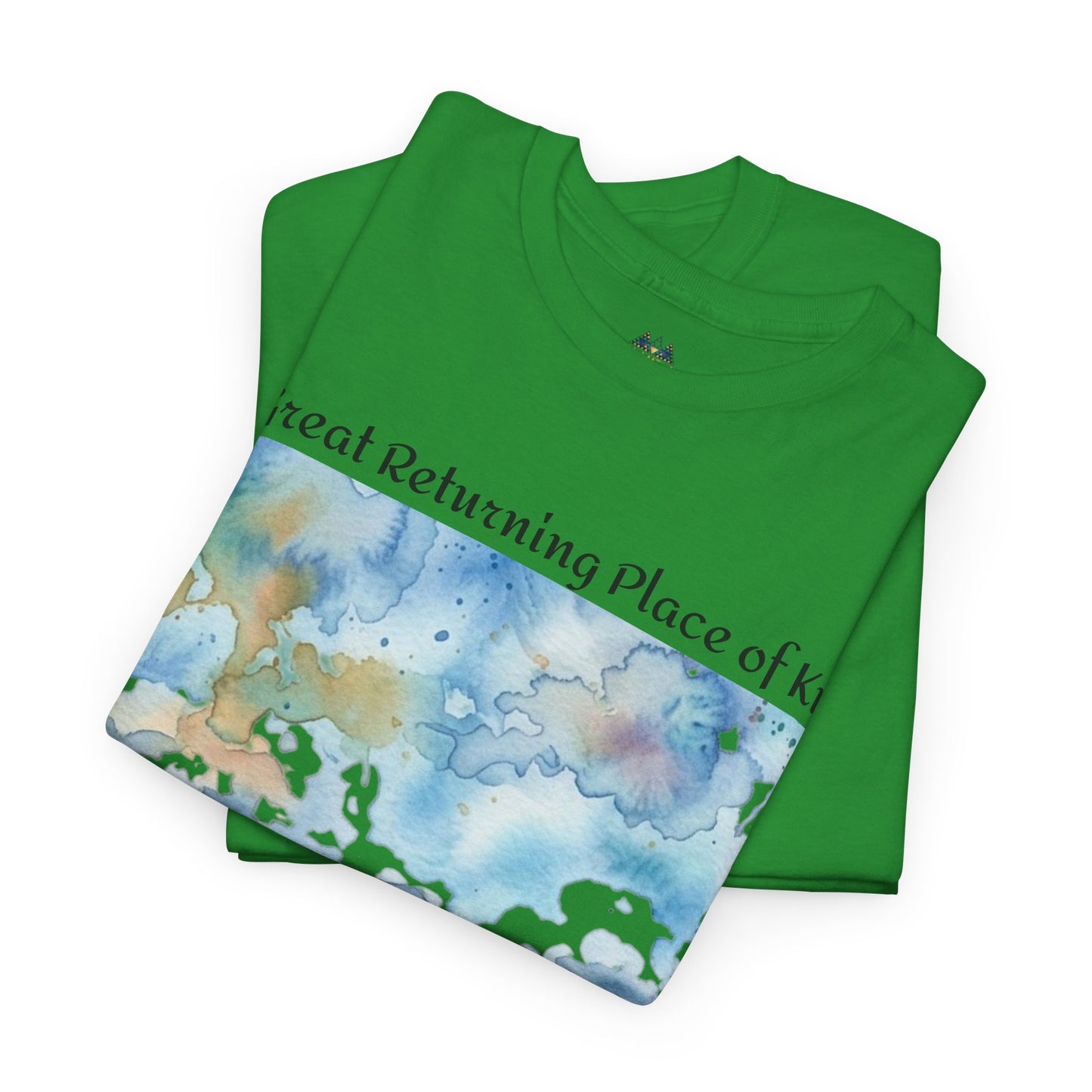 Green printed T-shirt with watercolor landscape graphic, crew neck, short sleeves.