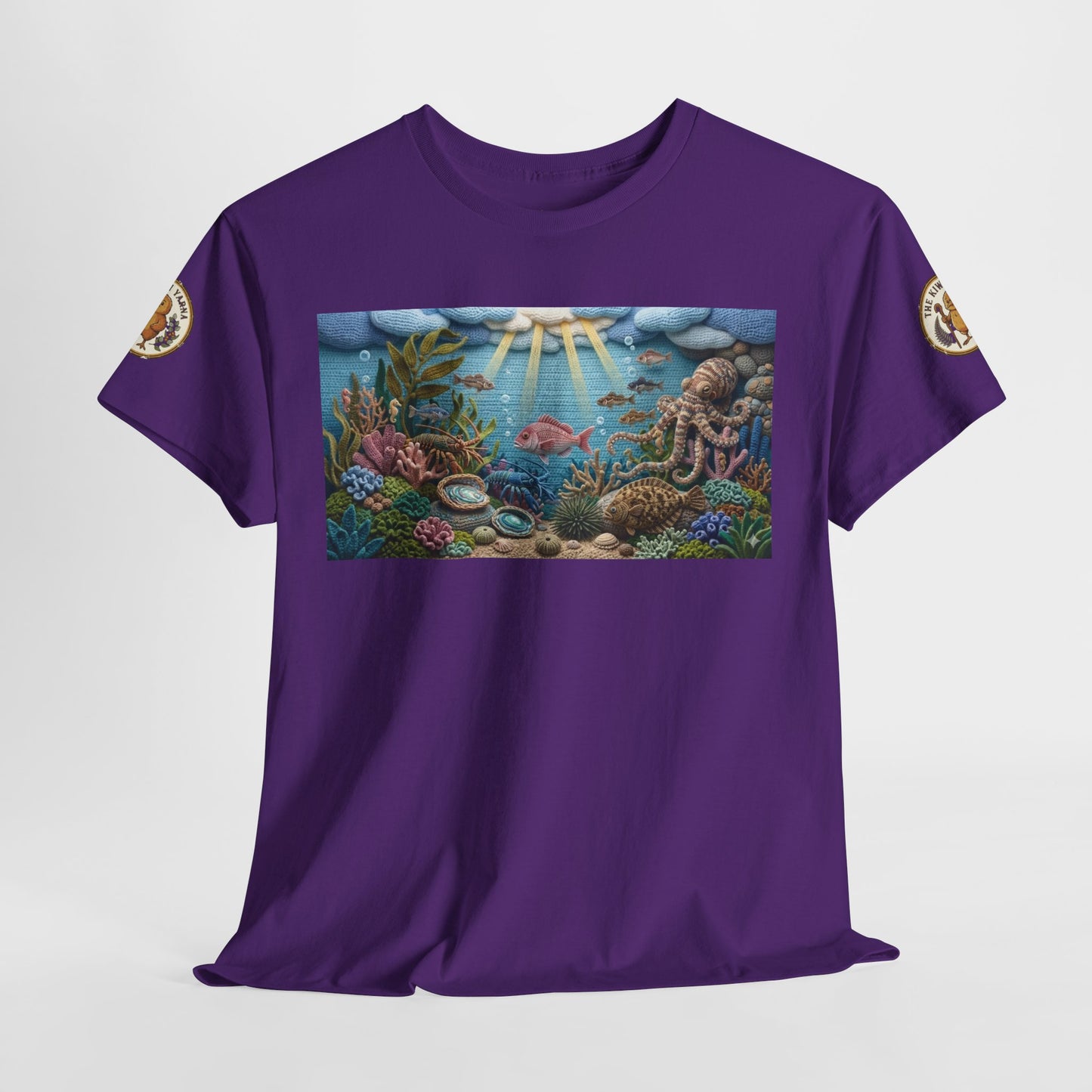 Purple crewneck T-shirt front view with centered ocean scene graphic panel
