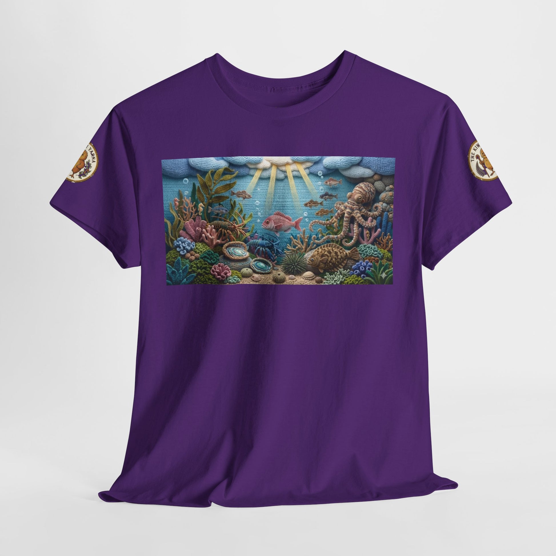 Purple crewneck T-shirt front view with centered ocean scene graphic panel