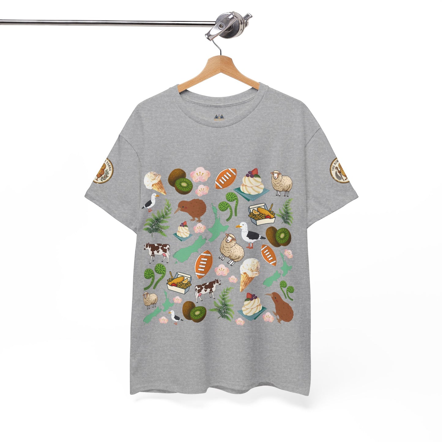 Heather grey short-sleeve T-shirt with Kiwiana native foods and wildlife graphic on front.