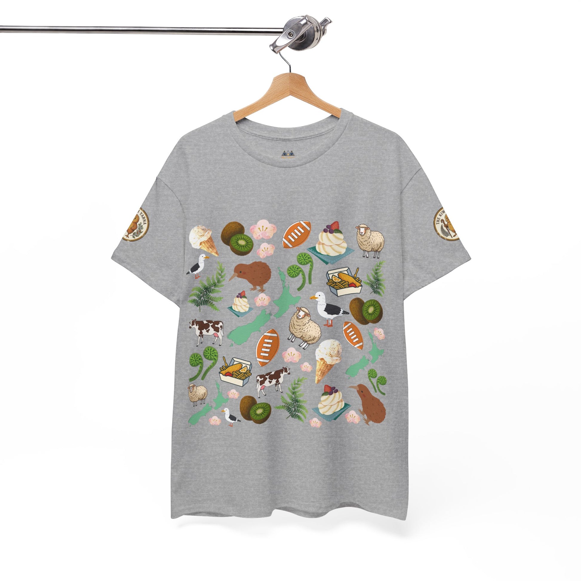Heather grey short-sleeve T-shirt with Kiwiana native foods and wildlife graphic on front.