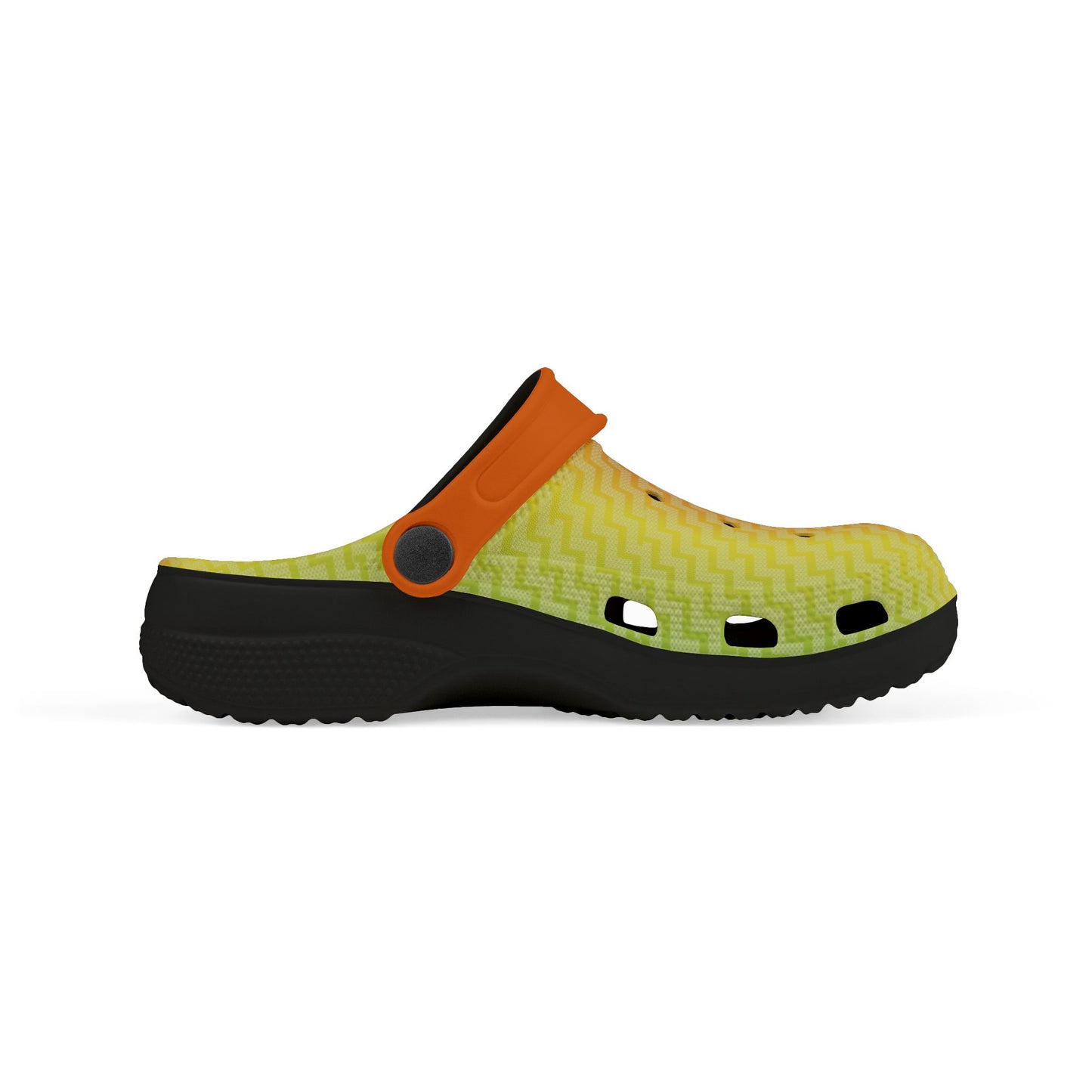 Orange and lime clogs with zigzag upper, black platform sole, and side strap detail.