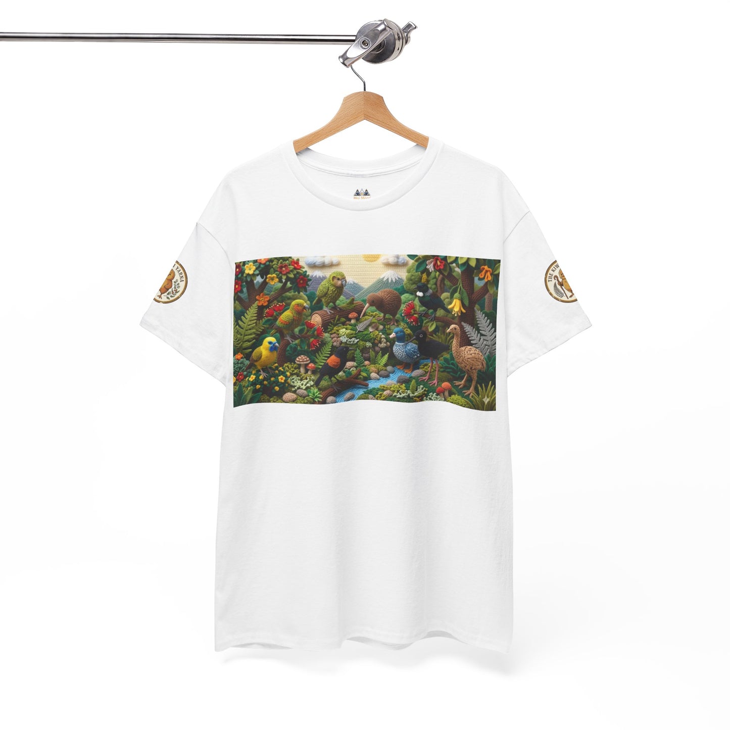 White graphic T-shirt on hanger, wide nature birds and flowers chest print