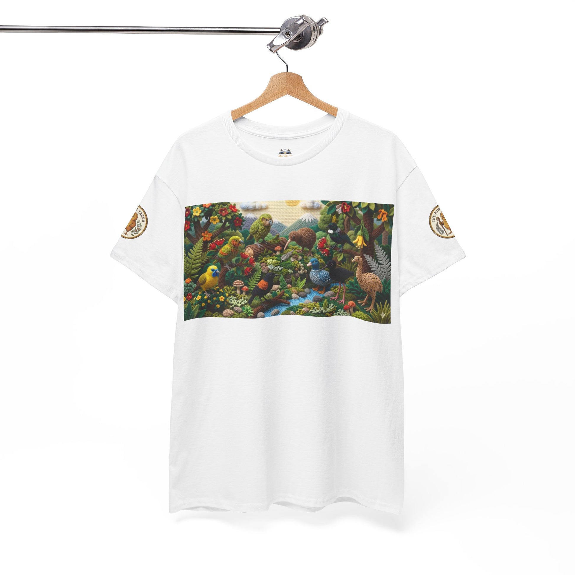 White graphic T-shirt on hanger, wide nature birds and flowers chest print