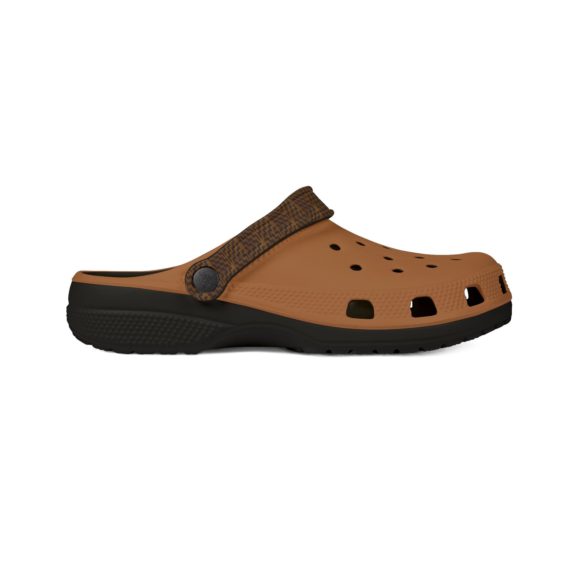 Tukutuku clog sandals with tan upper and perforations, brown patterned collar, dark sole
