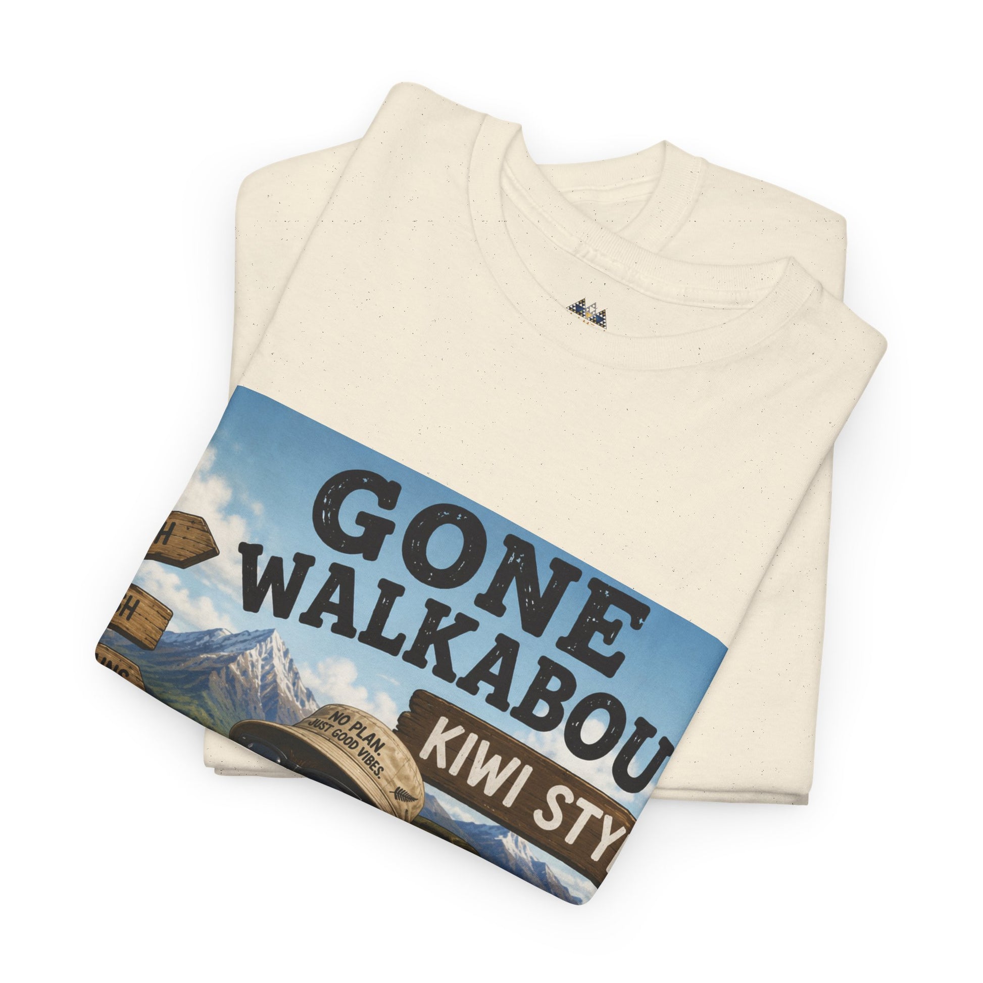 Off-white graphic T-shirt with 'Gone Walkabout' 'Kiwi Style' front print