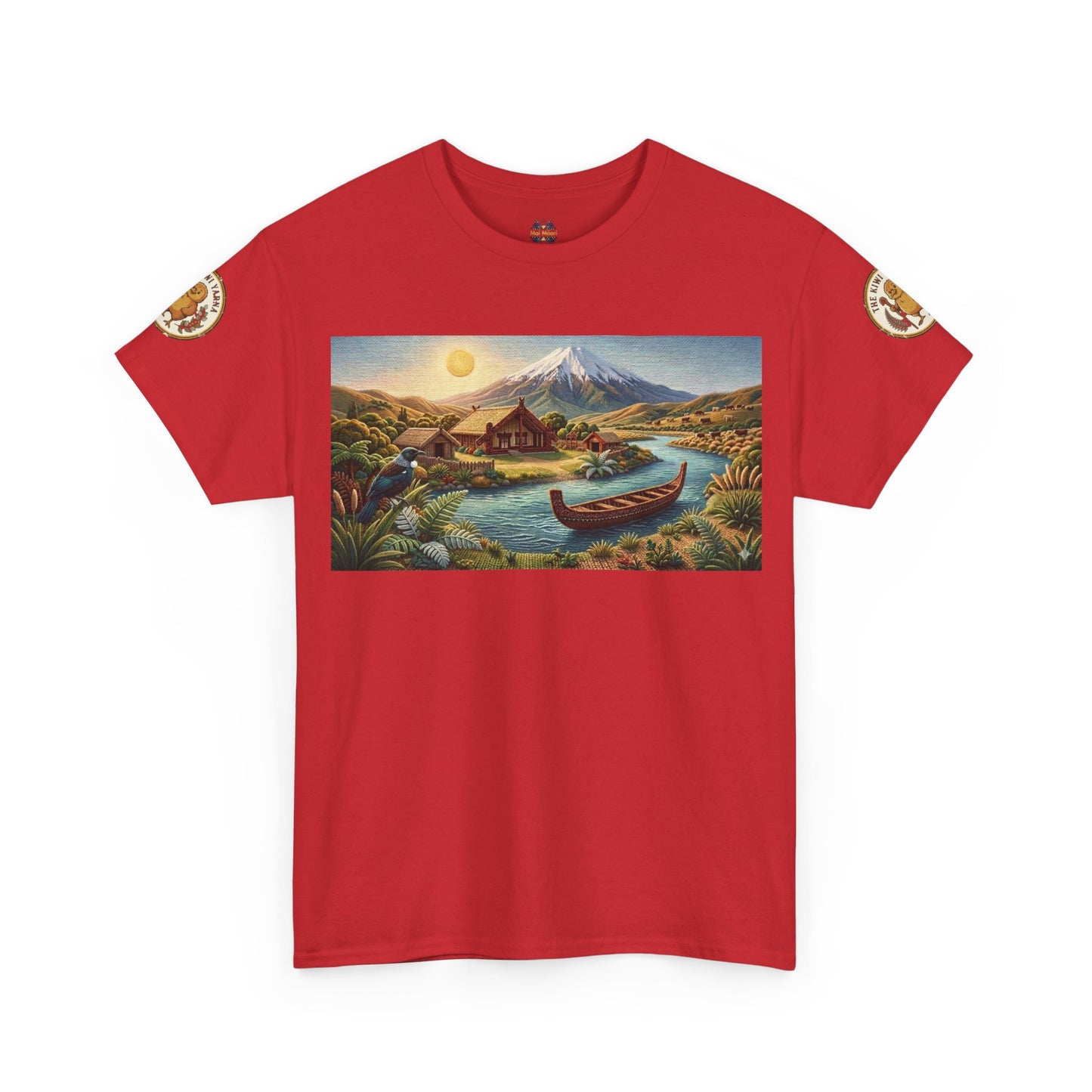 Red graphic T-shirt with landscape print and small sleeve patches