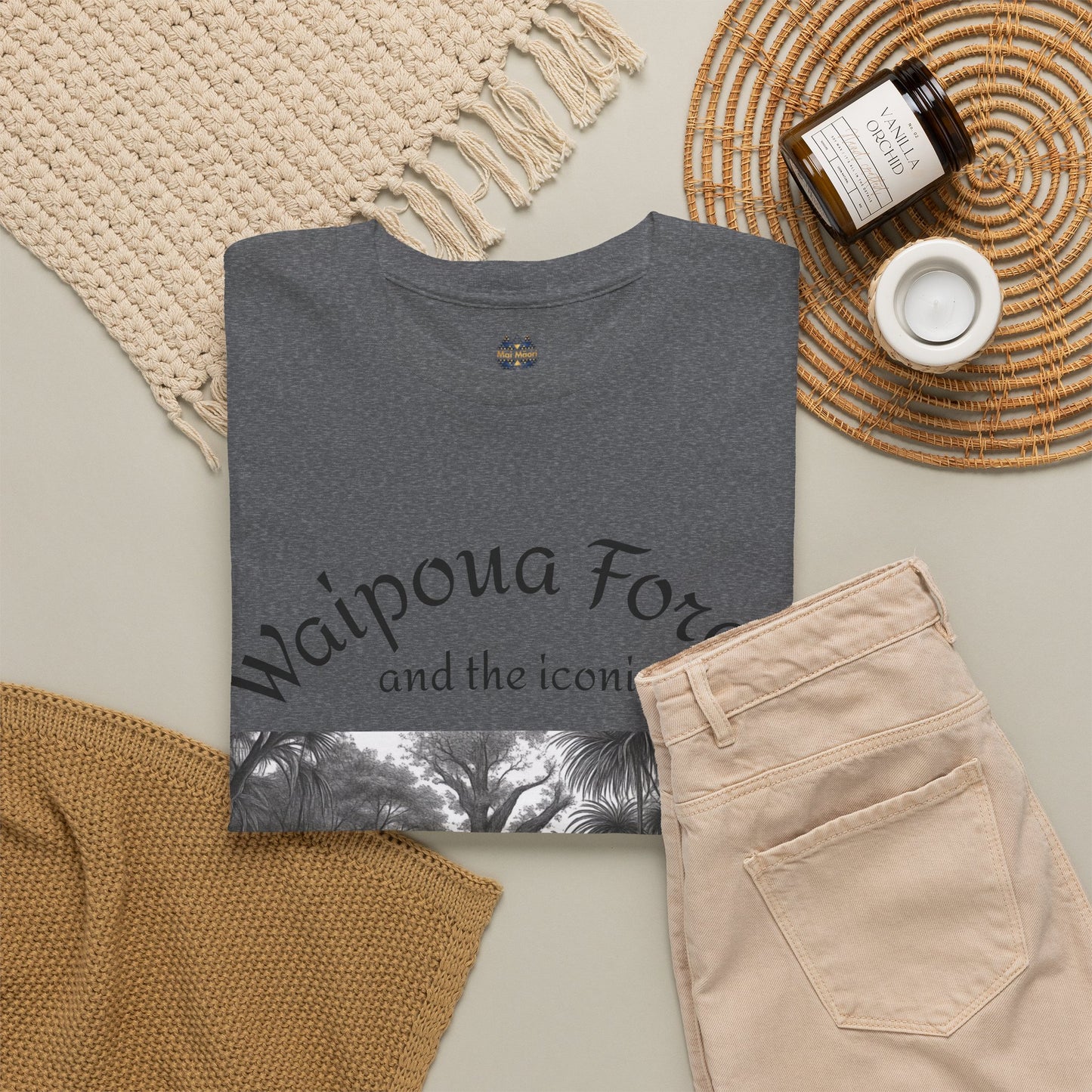 Gray heather T-shirt with black-and-white forest scene graphic and small chest logo