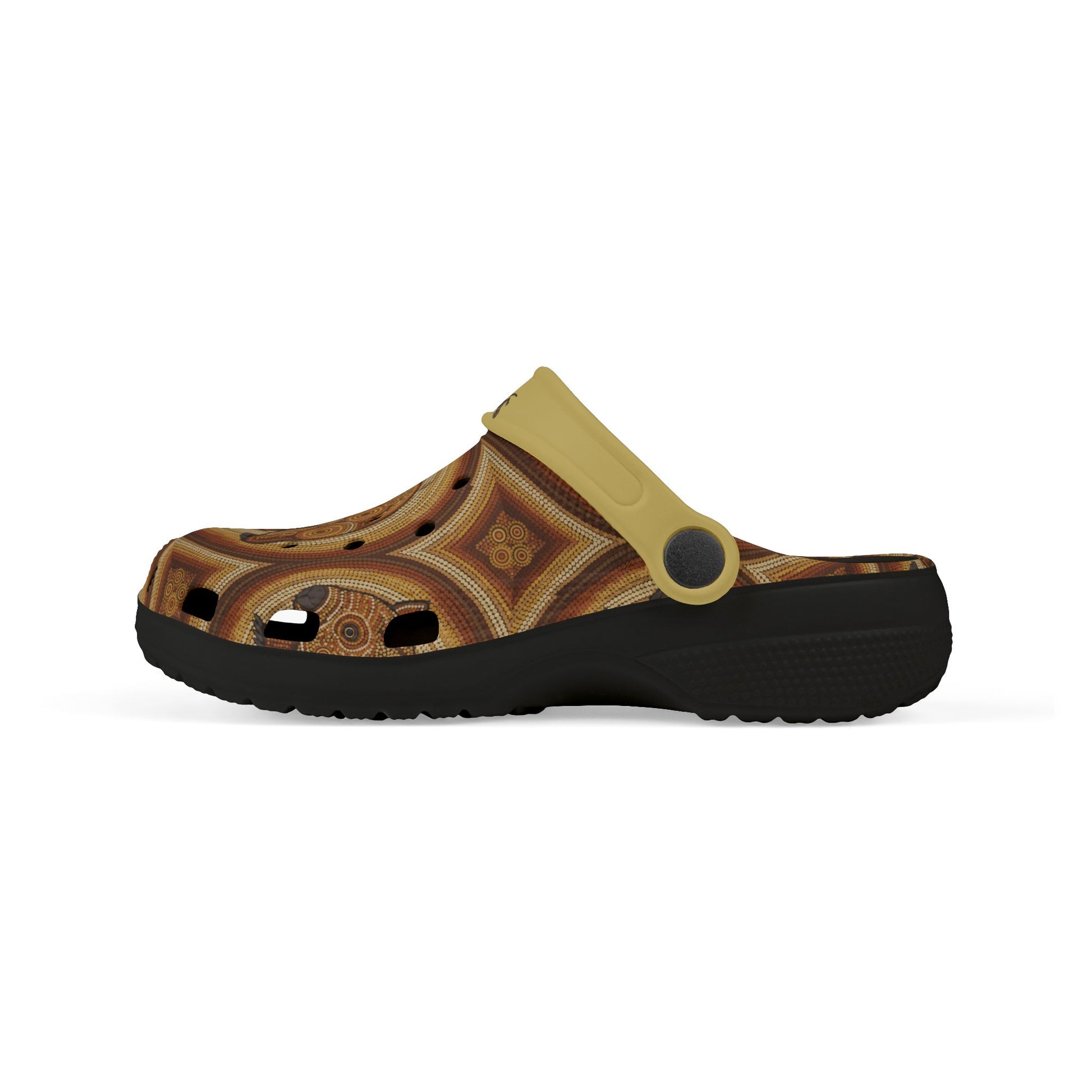 Patterned slip-on casual clogs with yellow strap and dark sole, side view.